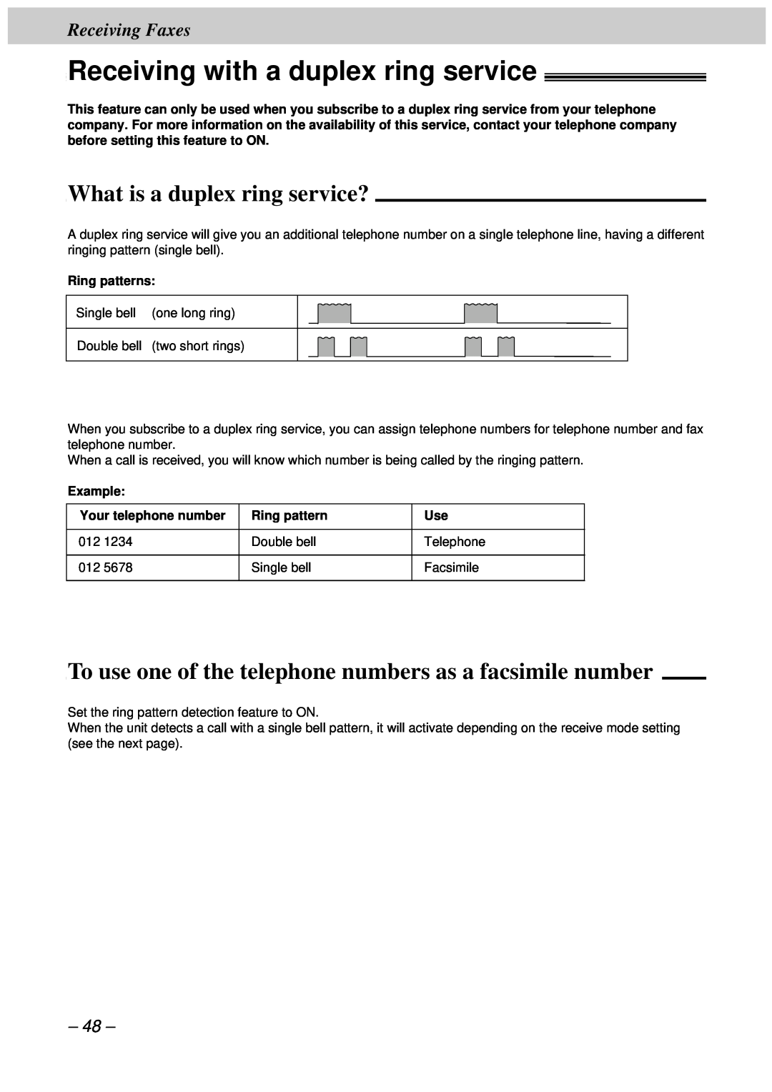 Panasonic KX-FT33HK, KX-FT34HK Receiving with a duplex ring service, What is a duplex ring service?, Receiving Faxes 