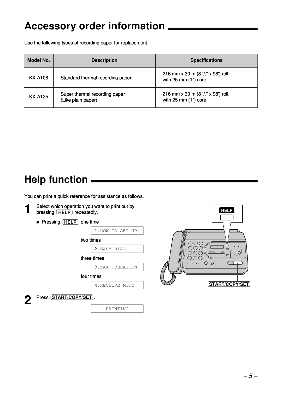 Panasonic KX-FT34HK Accessory order information, Help function, Model No, Description, Specifications, Start/Copy/Set 
