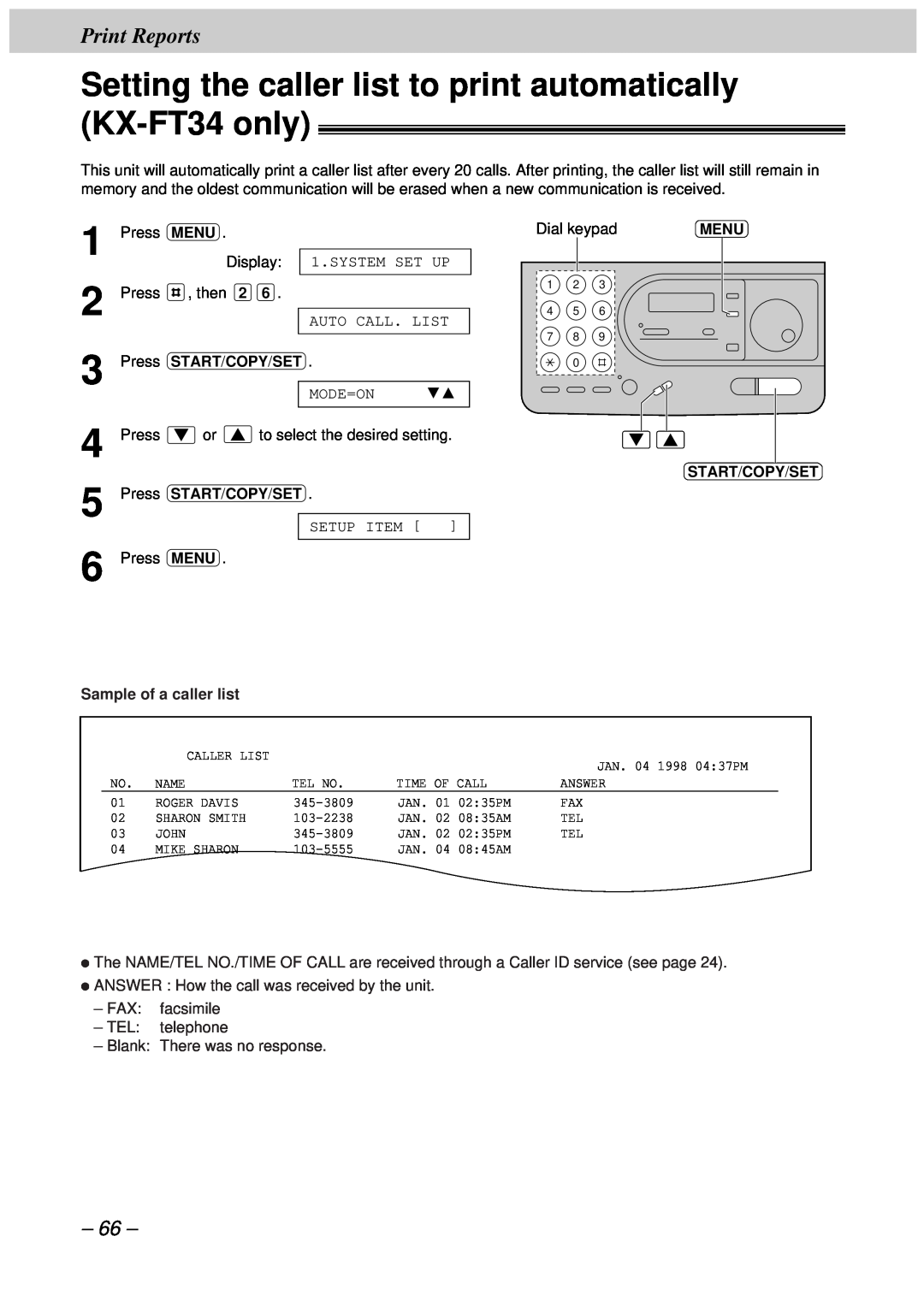 Panasonic KX-FT33HK, KX-FT34HK quick start Setting the caller list to print automatically KX-FT34 only, Print Reports 
