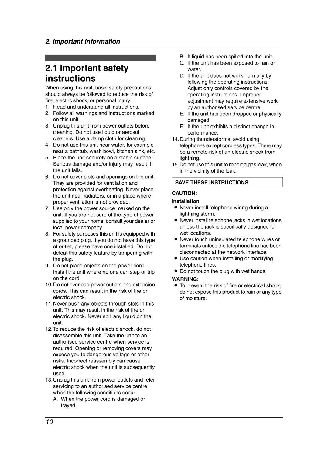 Panasonic KX-FT901BX manual Important safety instructions, Installation 