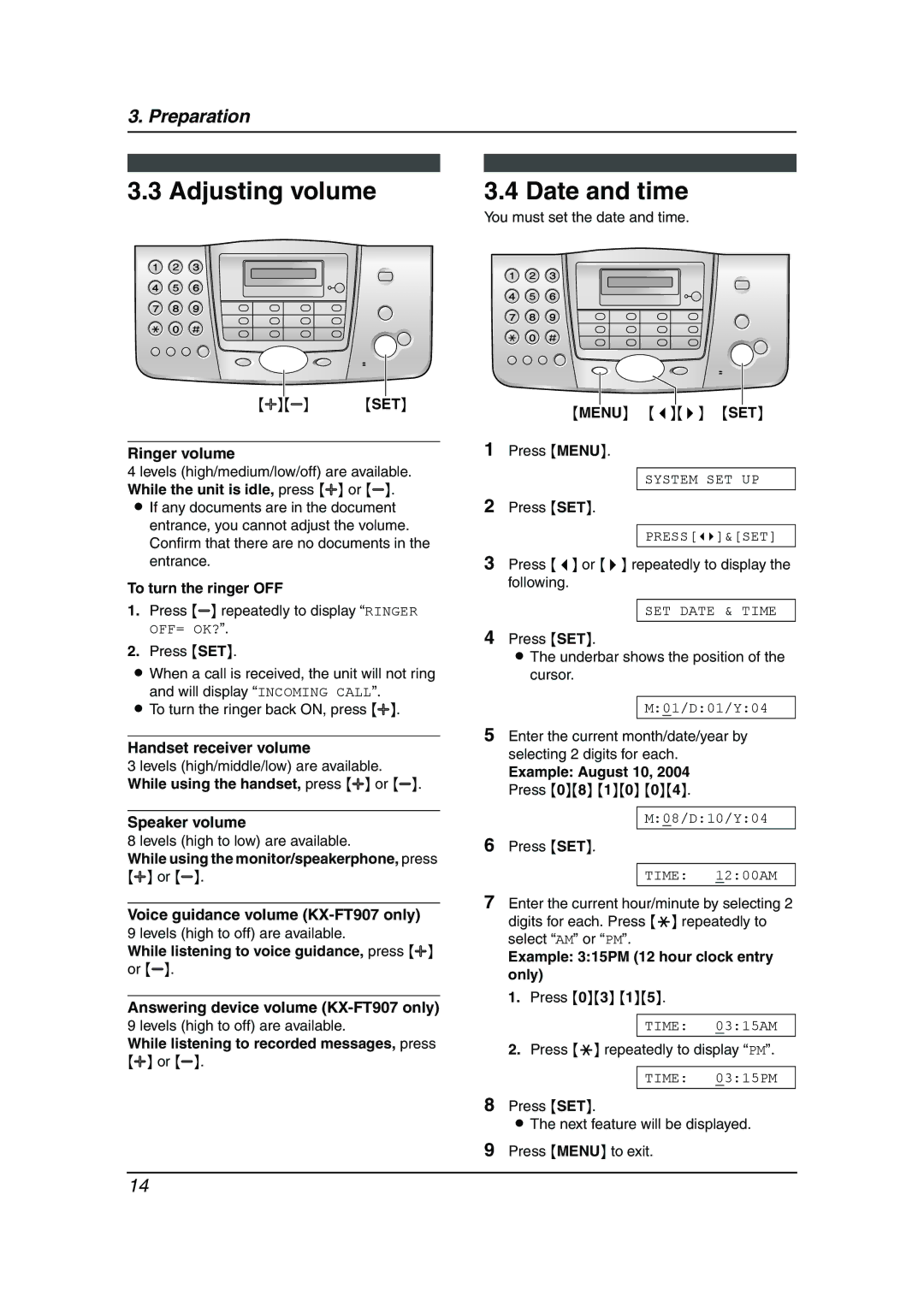 Panasonic KX-FT901BX manual Adjusting volume, Date and time 