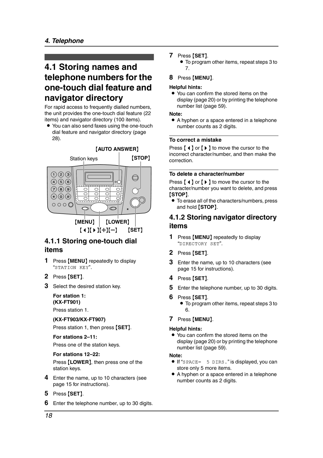 Panasonic KX-FT901BX manual Storing one-touch dial, Storing navigator directory items, Items, Menu Lower 