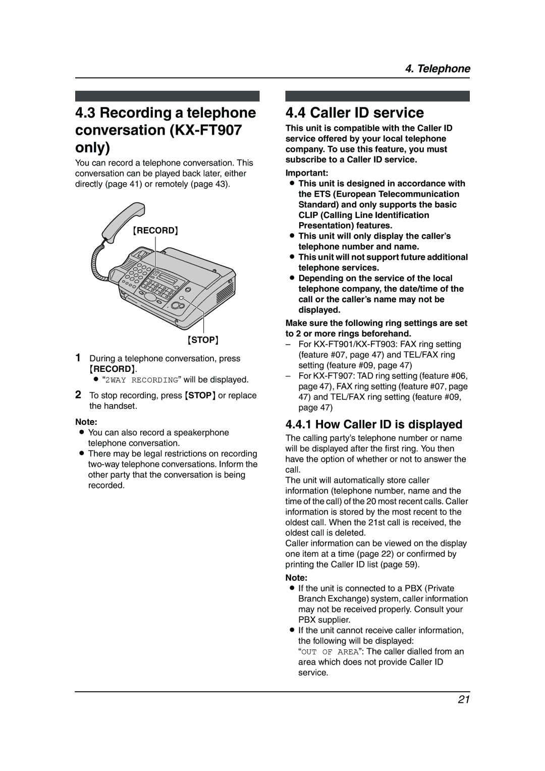 Panasonic KX-FT901BX manual Recording a telephone conversation KX-FT907 only, Caller ID service, How Caller ID is displayed 