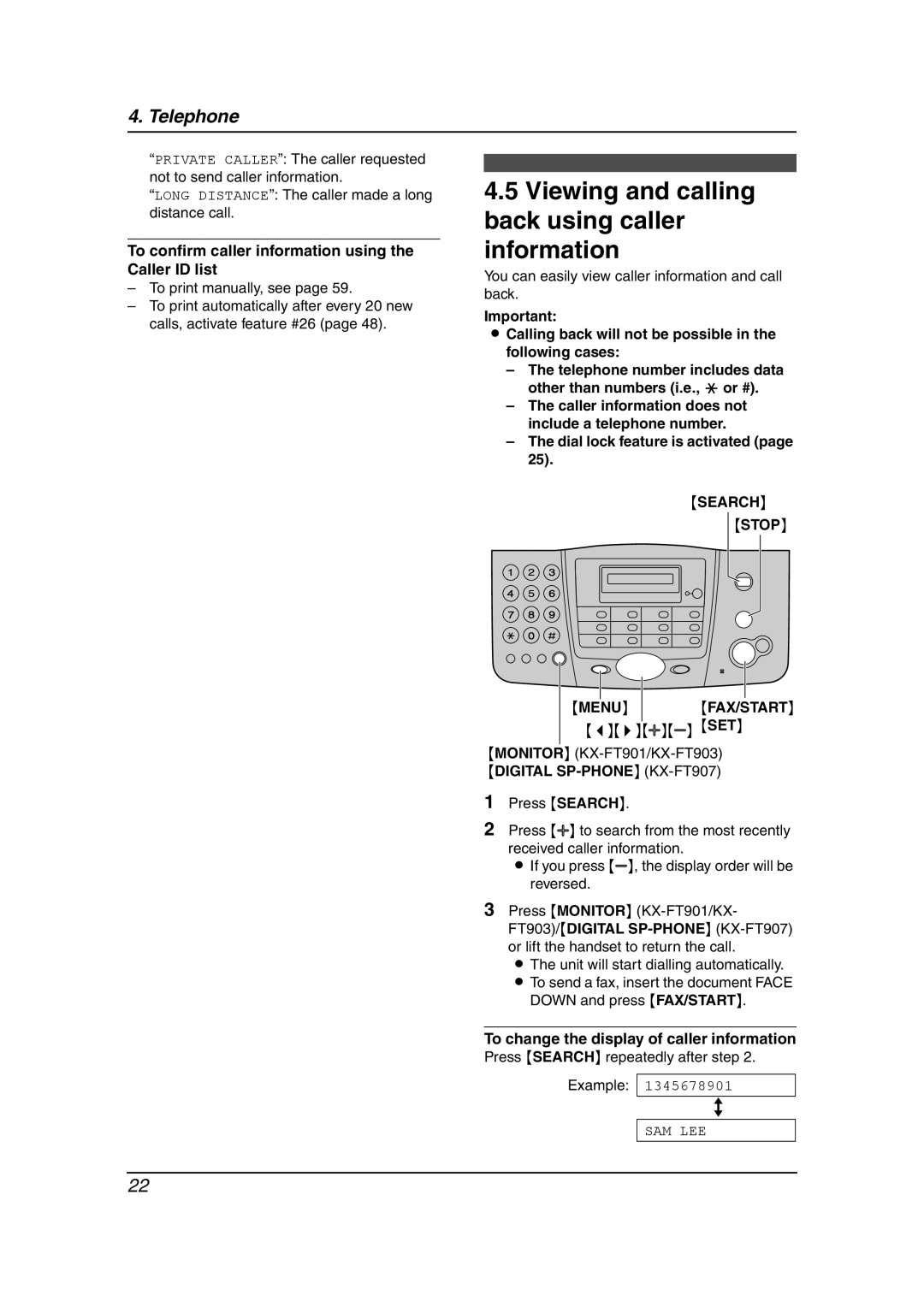 Panasonic KX-FT901BX manual Viewing and calling back using caller information, Search Stop 