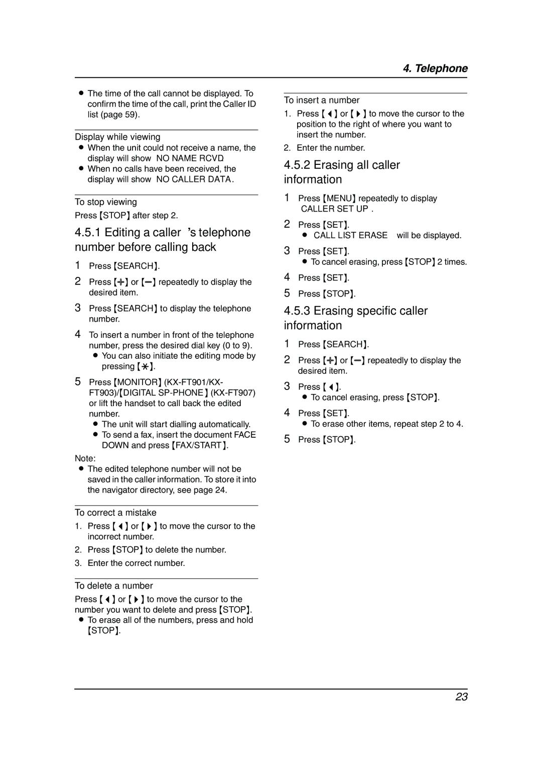 Panasonic KX-FT901BX manual Editing a caller’s telephone number before calling back, Erasing all caller information 