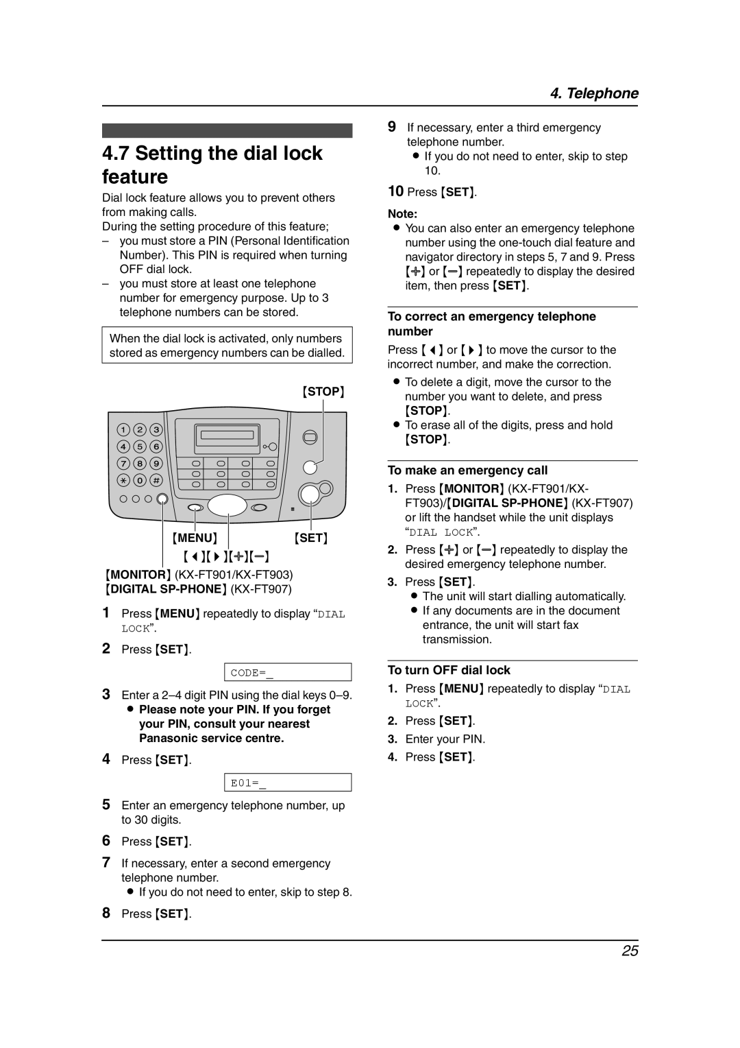 Panasonic KX-FT901BX manual Setting the dial lock feature, Menu SET, To correct an emergency telephone number 