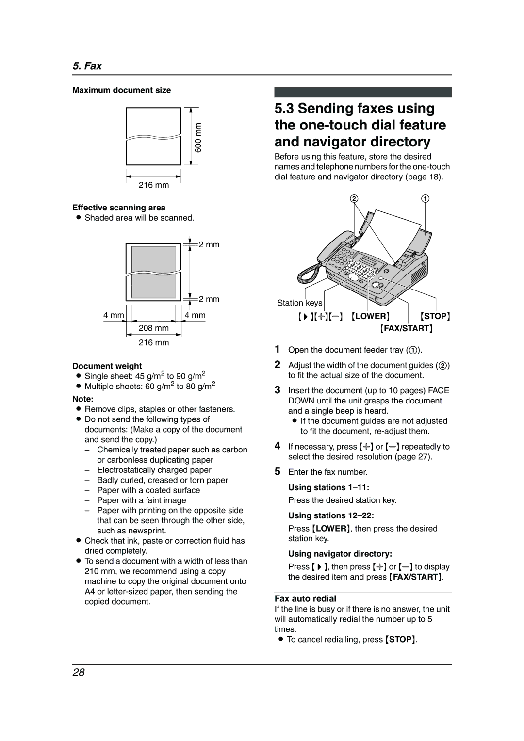 Panasonic KX-FT901BX Maximum document size, Effective scanning area, Document weight, Using stations, Fax auto redial 