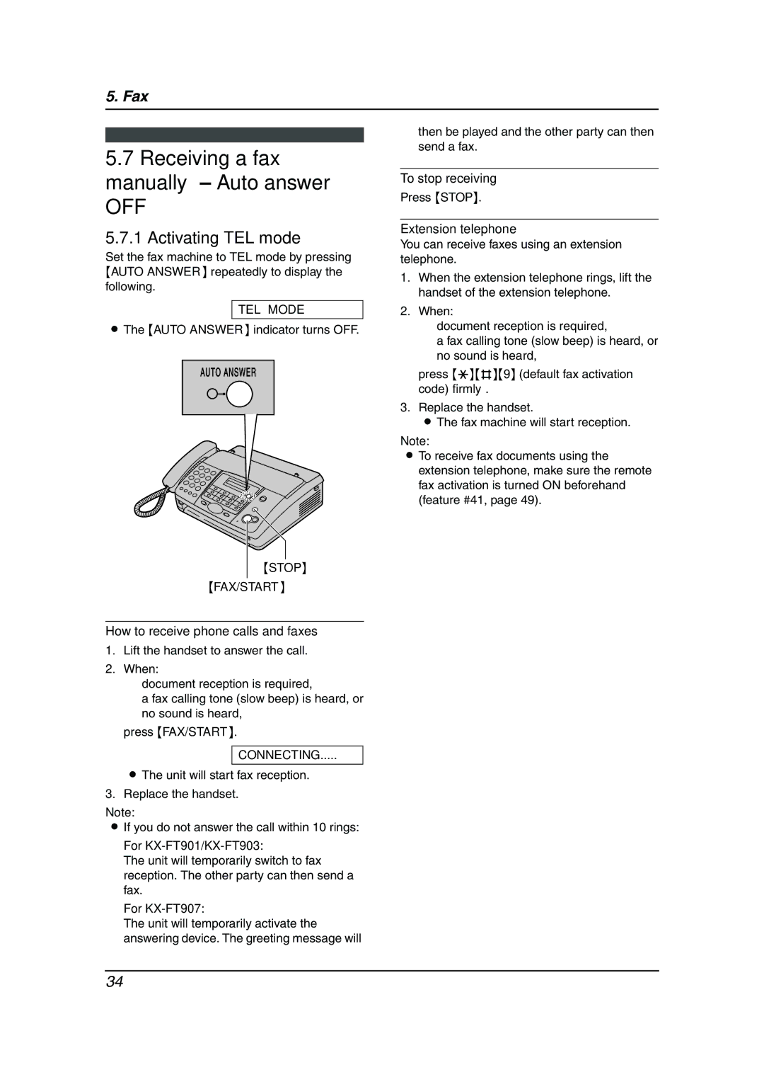 Panasonic KX-FT901BX Receiving a fax manually Auto answer, Activating TEL mode, Stop FAX/START 