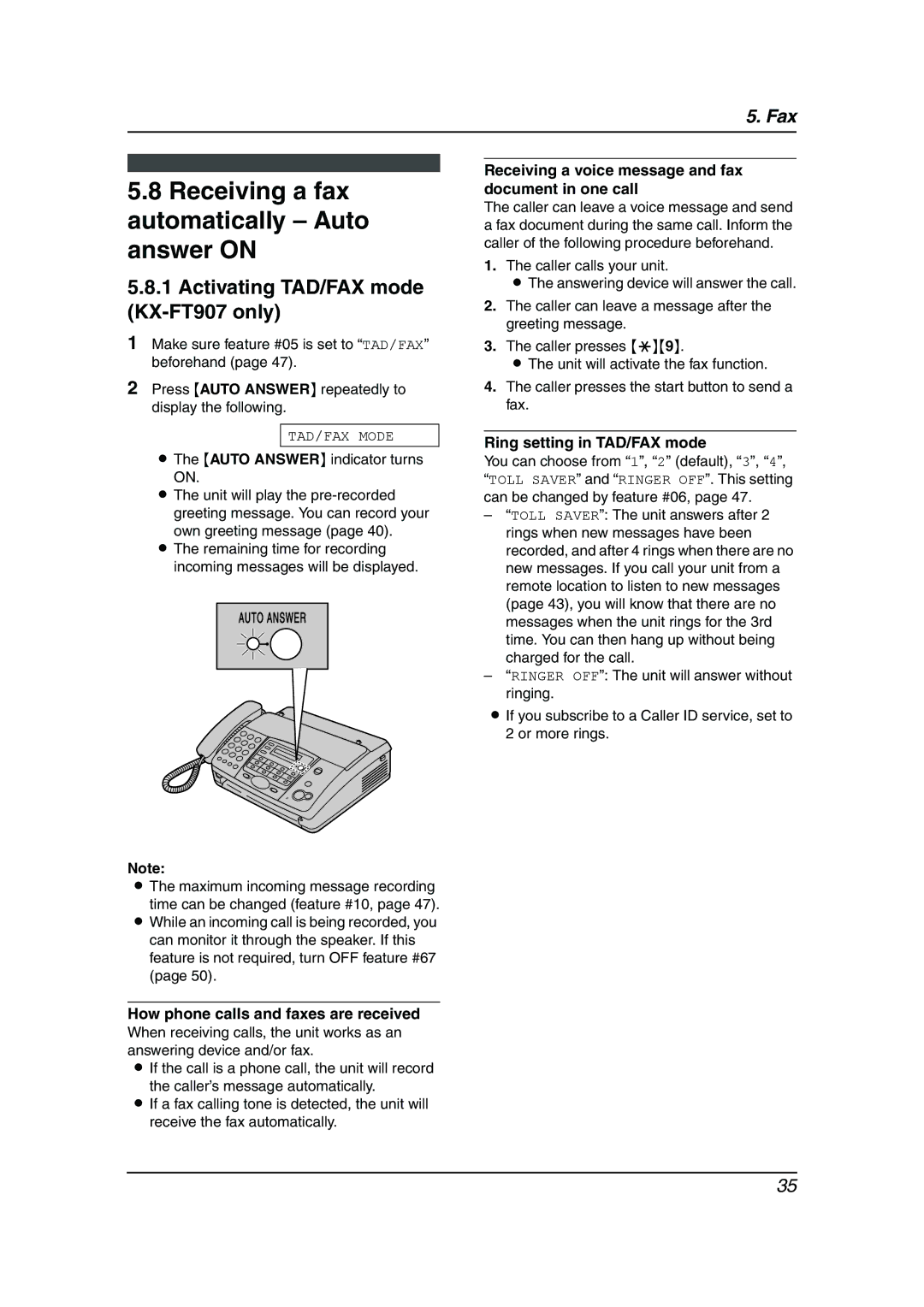 Panasonic KX-FT901BX manual Receiving a fax automatically Auto answer on, Activating TAD/FAX mode KX-FT907 only 