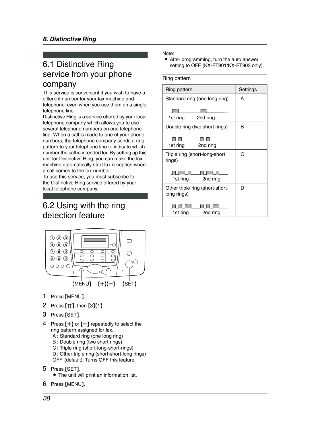 Panasonic KX-FT901BX Distinctive Ring service from your phone company, Using with the ring detection feature, Ring pattern 