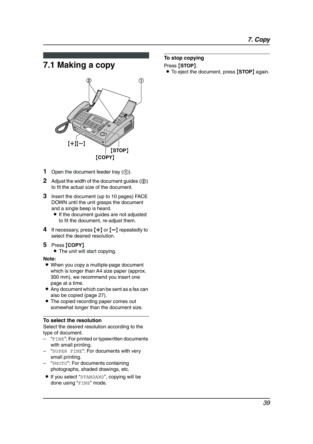 Panasonic KX-FT901BX manual To stop copying, To select the resolution 