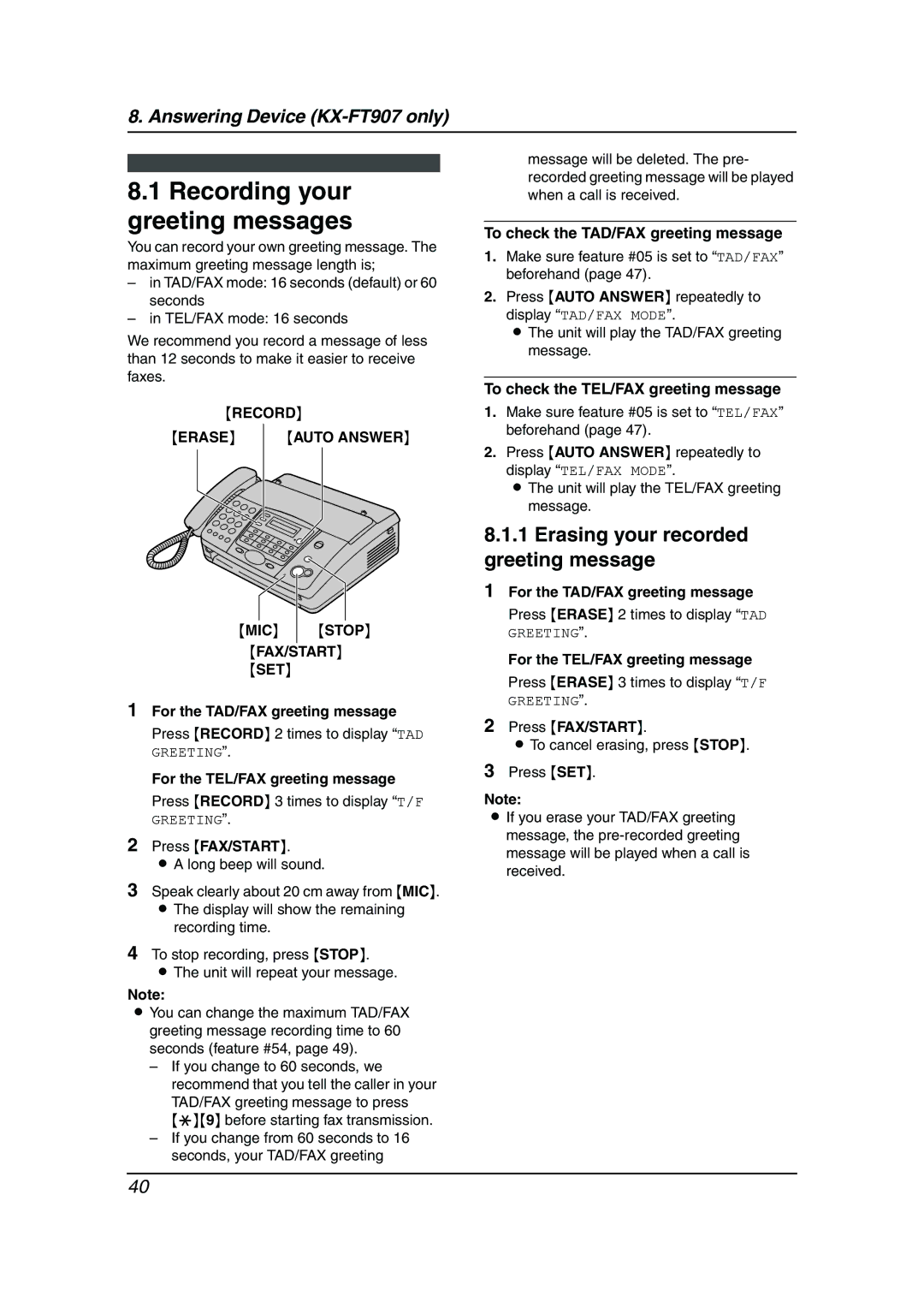 Panasonic KX-FT901BX manual Recording your greeting messages, Erasing your recorded greeting message 