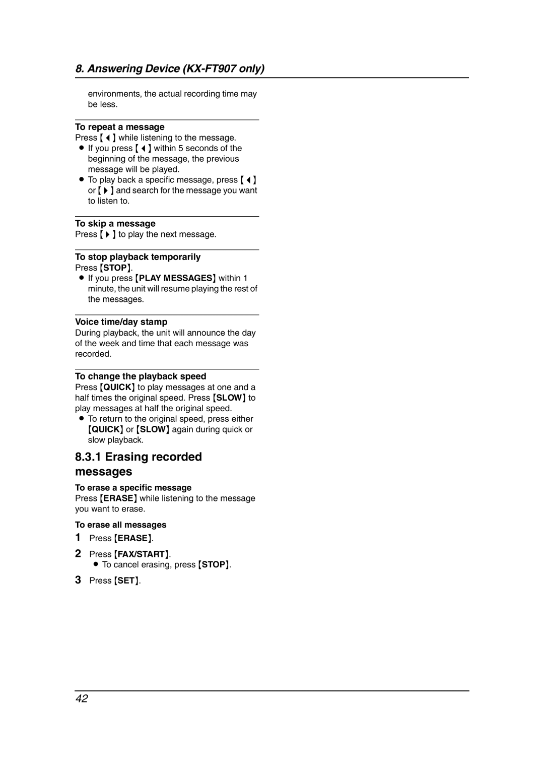 Panasonic KX-FT901BX manual Erasing recorded messages 