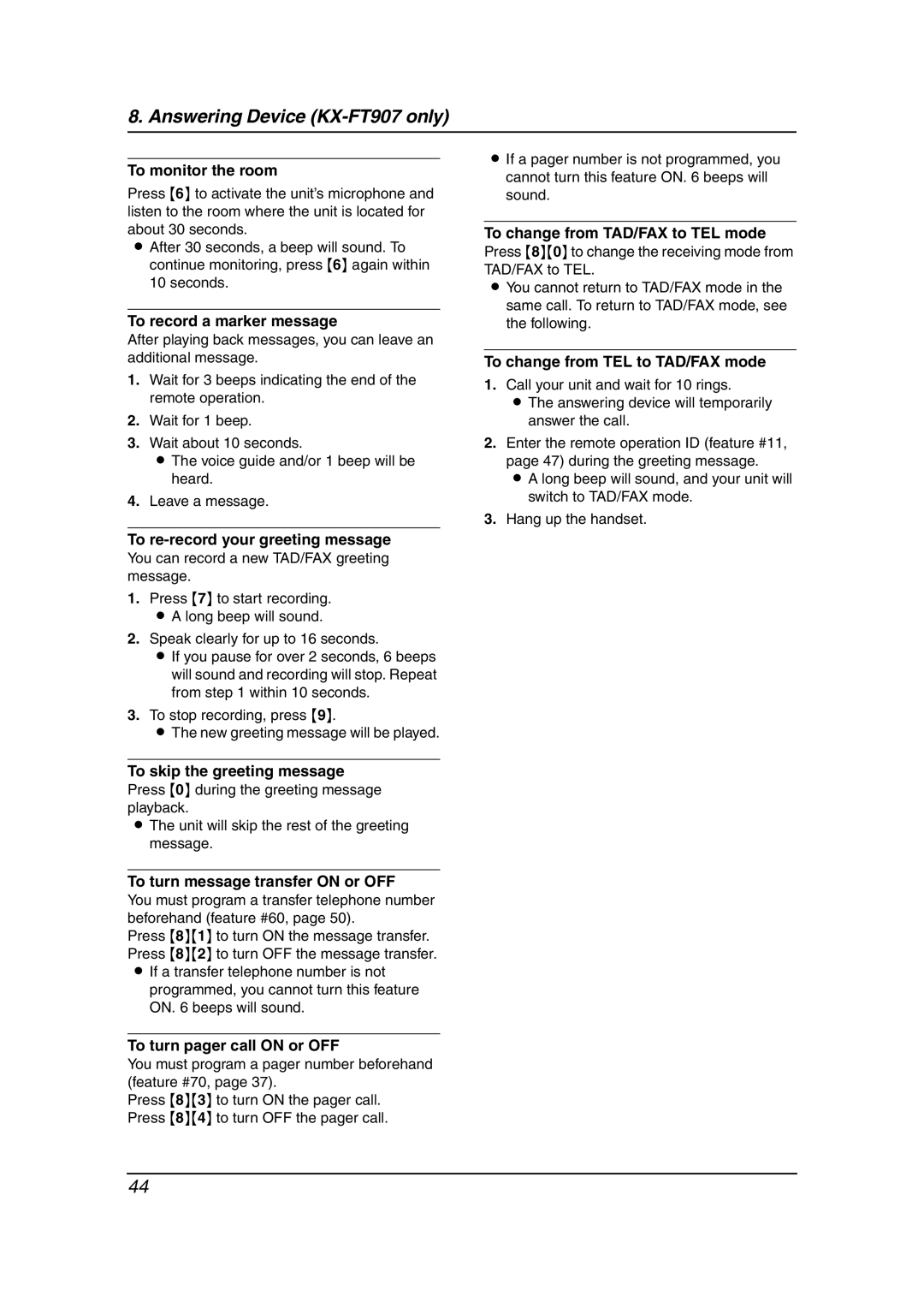 Panasonic KX-FT901BX manual To monitor the room, To record a marker message, To re-record your greeting message 