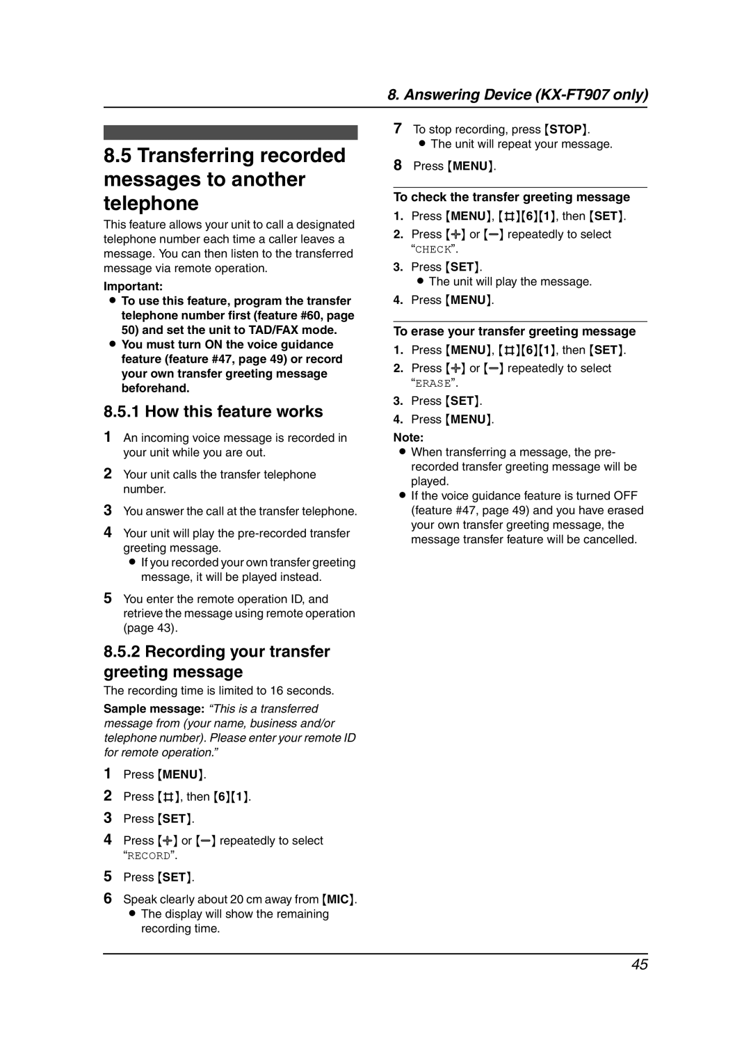 Panasonic KX-FT901BX manual Transferring recorded messages to another telephone, How this feature works 