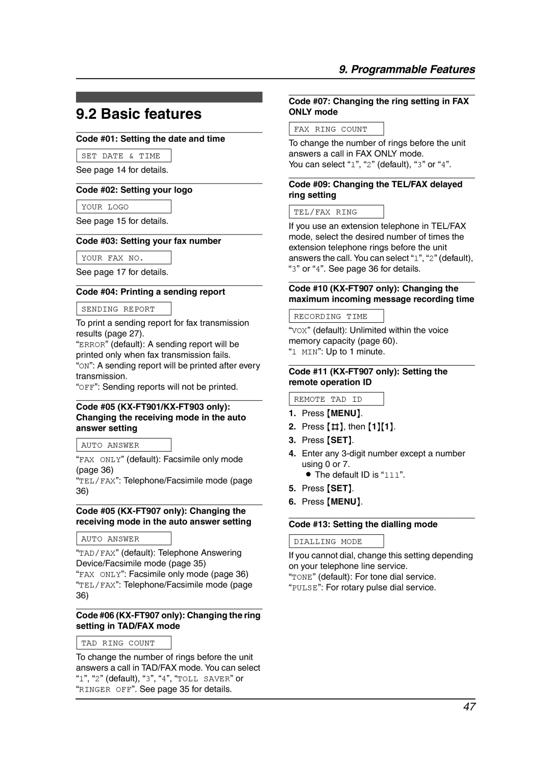 Panasonic KX-FT901BX manual Basic features 