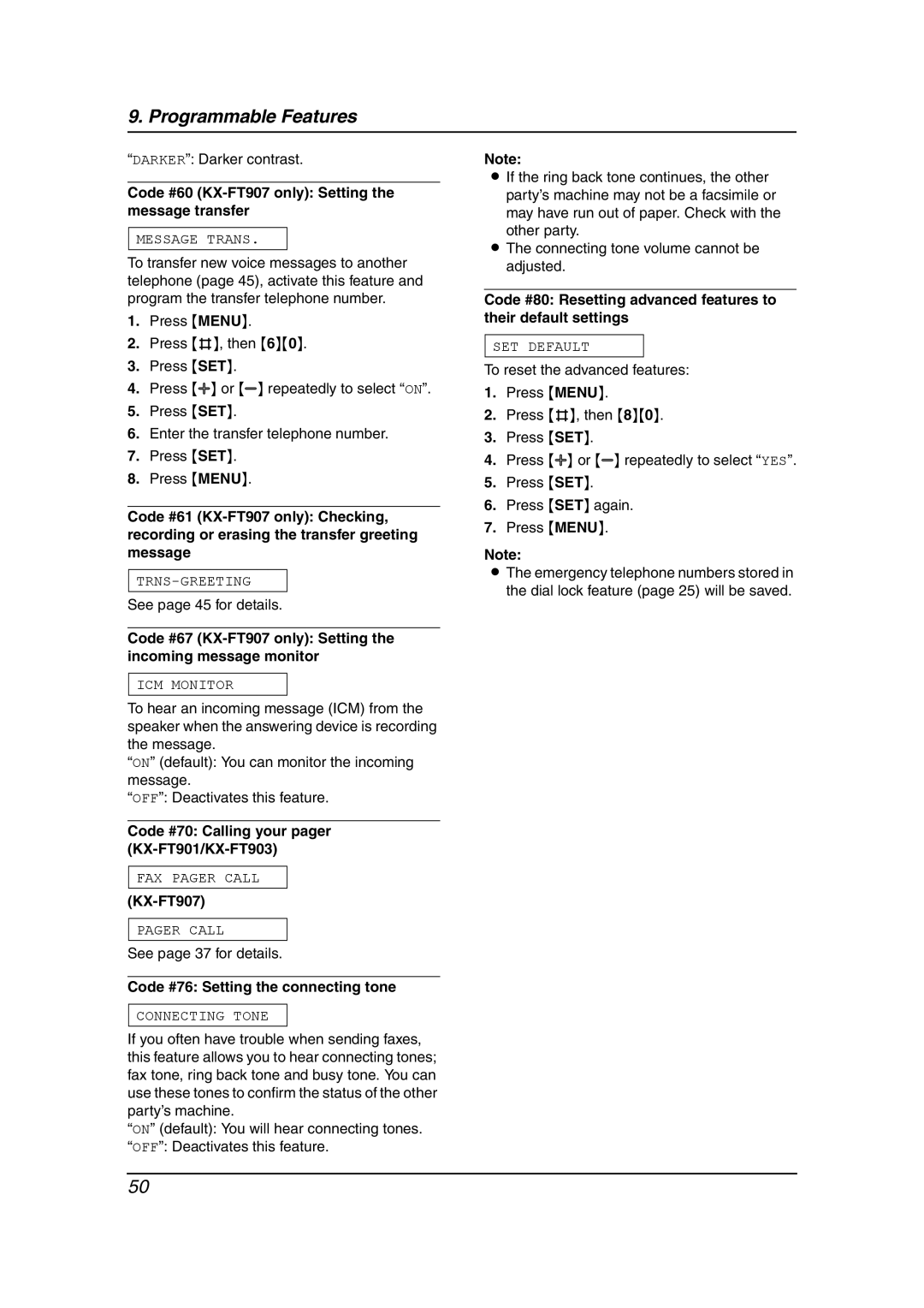 Panasonic KX-FT901BX Code #60 KX-FT907 only Setting the message transfer, Code #70 Calling your pager KX-FT901/KX-FT903 