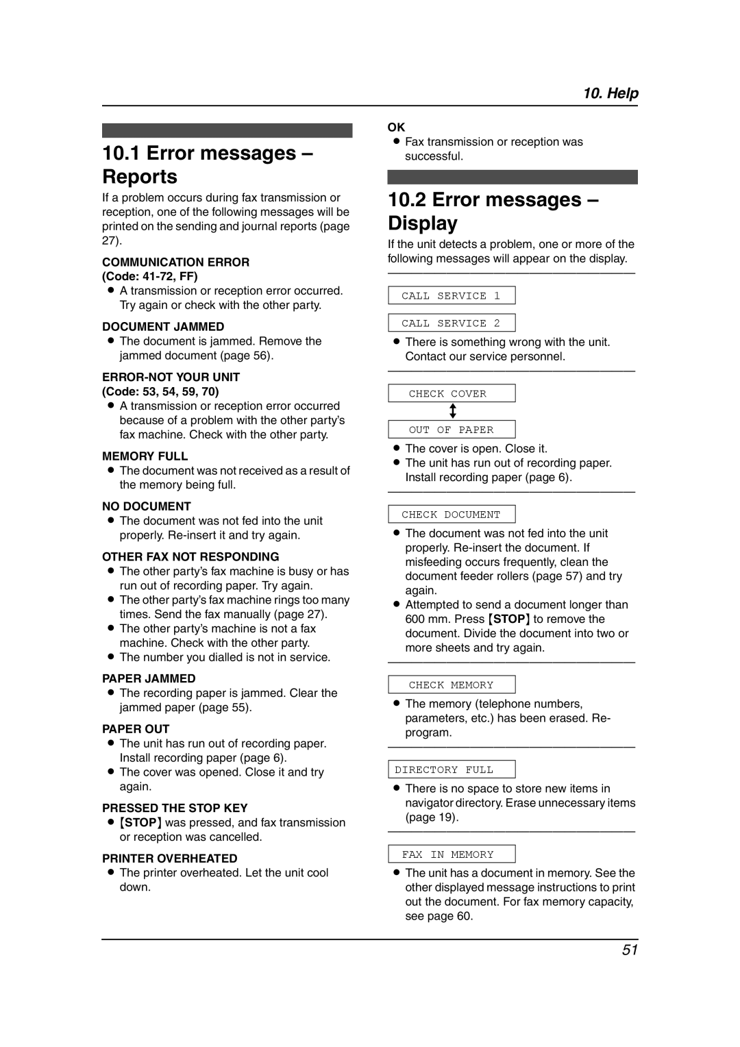 Panasonic KX-FT901BX manual Error messages Reports, Error messages Display 