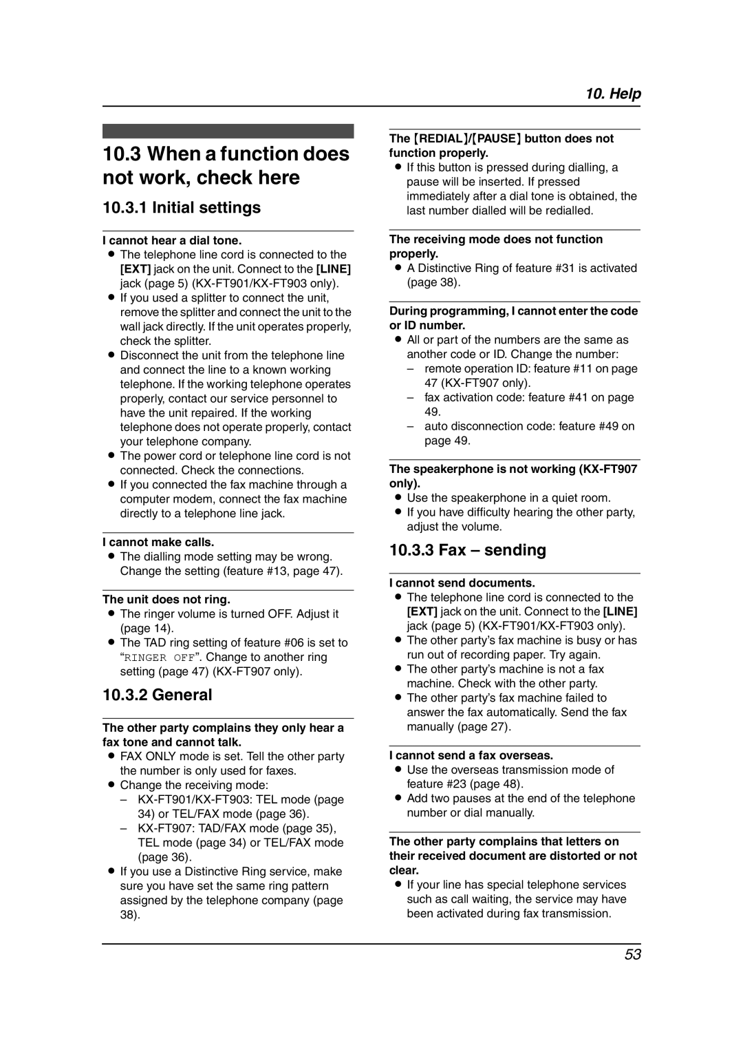 Panasonic KX-FT901BX manual When a function does not work, check here, Initial settings, General, Fax sending 