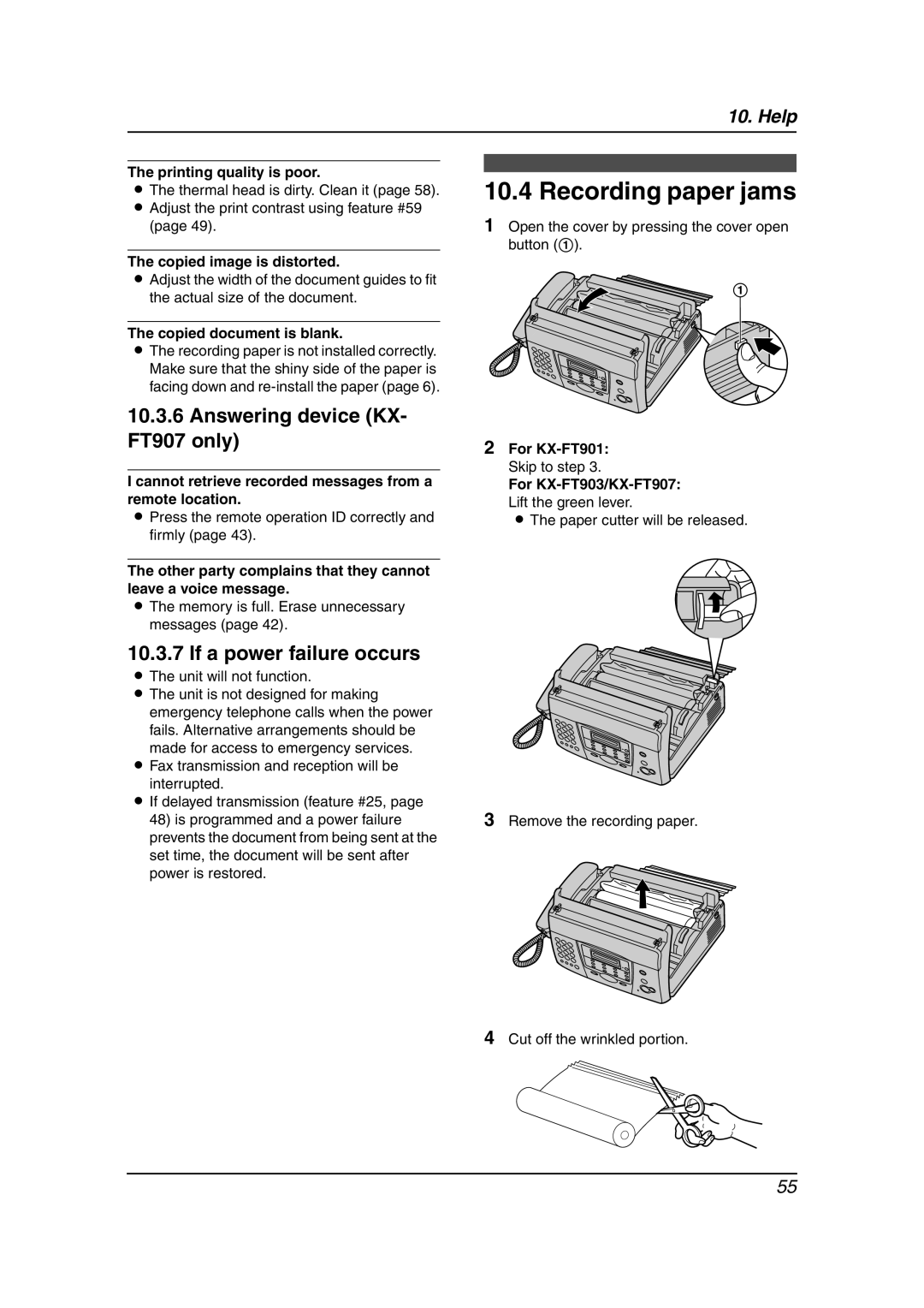 Panasonic KX-FT901BX manual Recording paper jams, Answering device KX- FT907 only, If a power failure occurs 