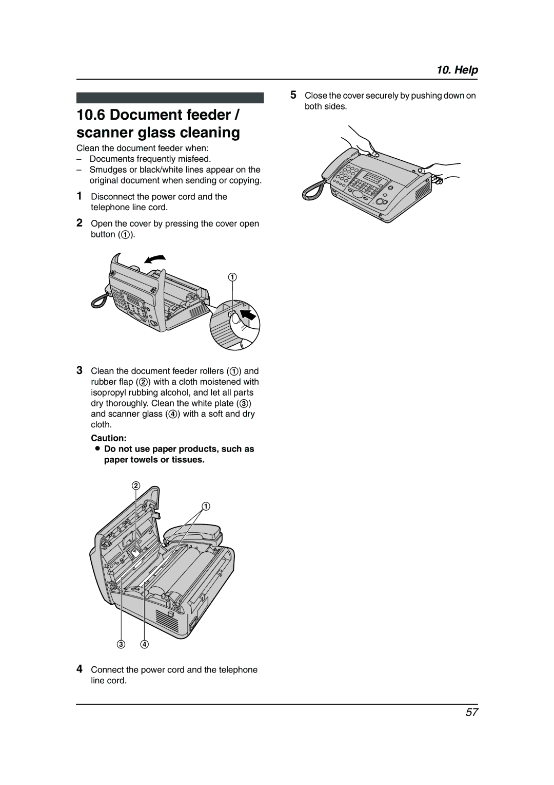 Panasonic KX-FT901BX Document feeder / scanner glass cleaning, Do not use paper products, such as paper towels or tissues 