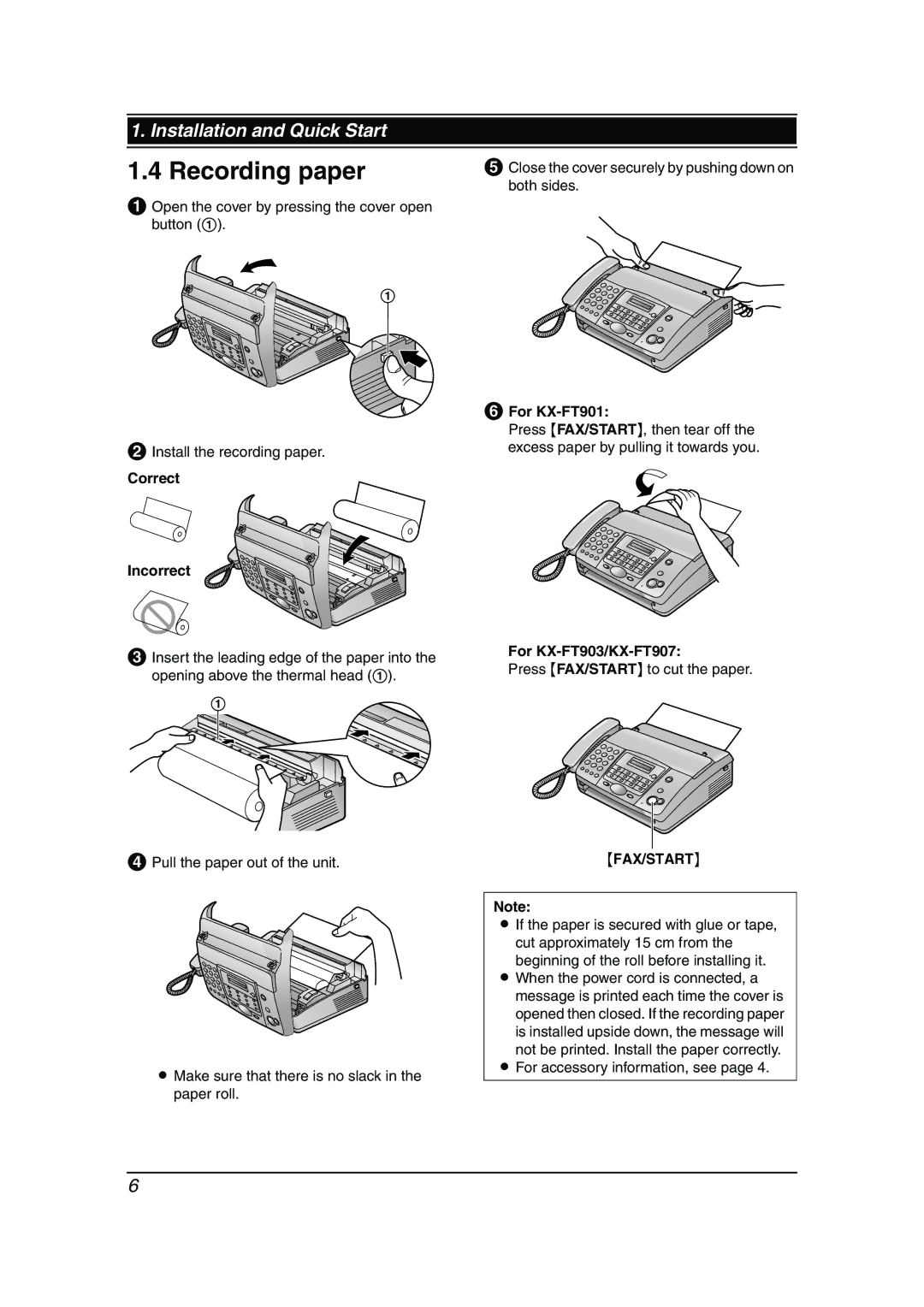 Panasonic KX-FT901BX manual Recording paper, Correct Incorrect, For KX-FT901, For KX-FT903/KX-FT907, Fax/Start 