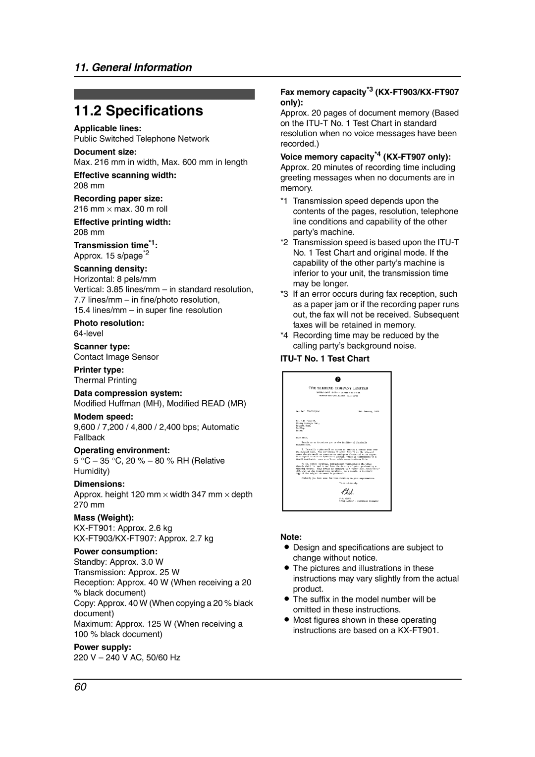 Panasonic KX-FT901BX manual Specifications 