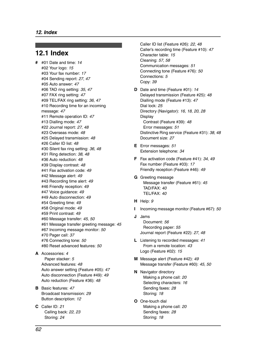 Panasonic KX-FT901BX manual Index, Tad/Fax Tel/Fax 