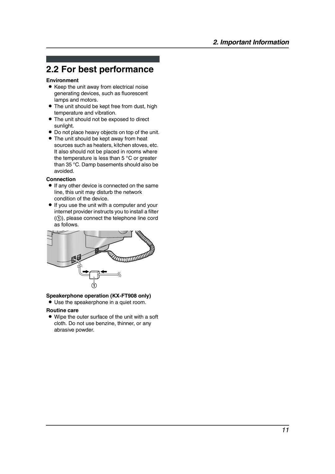 Panasonic kx-ft902 manual For best performance, Environment, Connection, Speakerphone operation KX-FT908 only, Routine care 