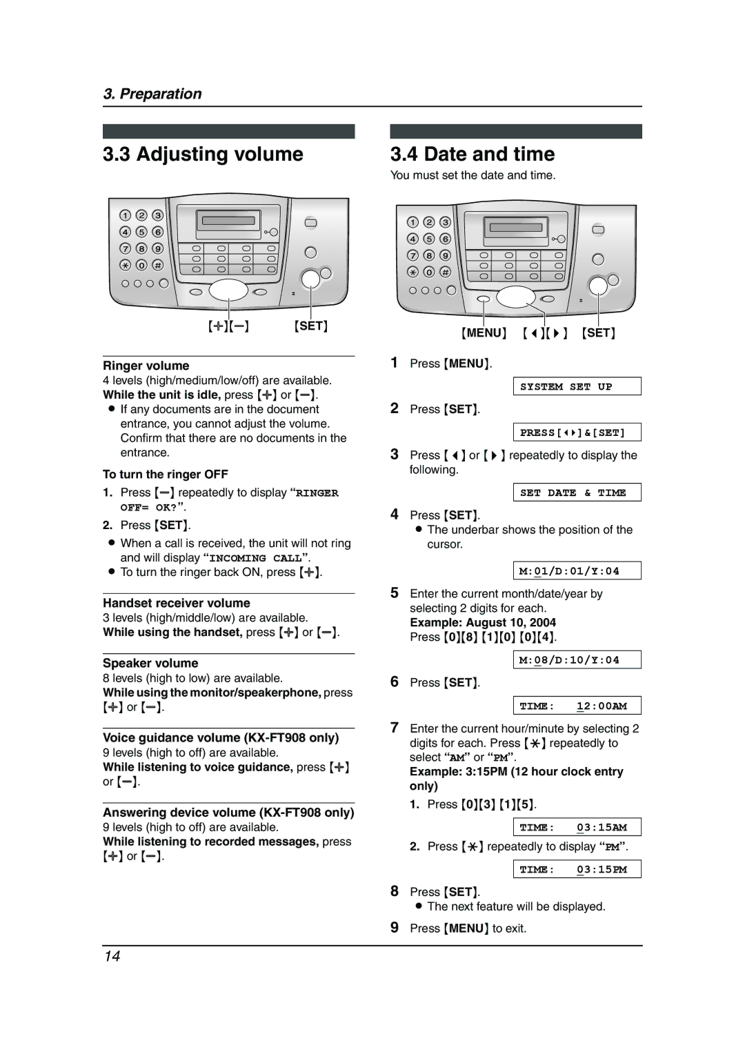 Panasonic kx-ft902, KX-FT908HK, KX-FT904HK manual Adjusting volume, Date and time 