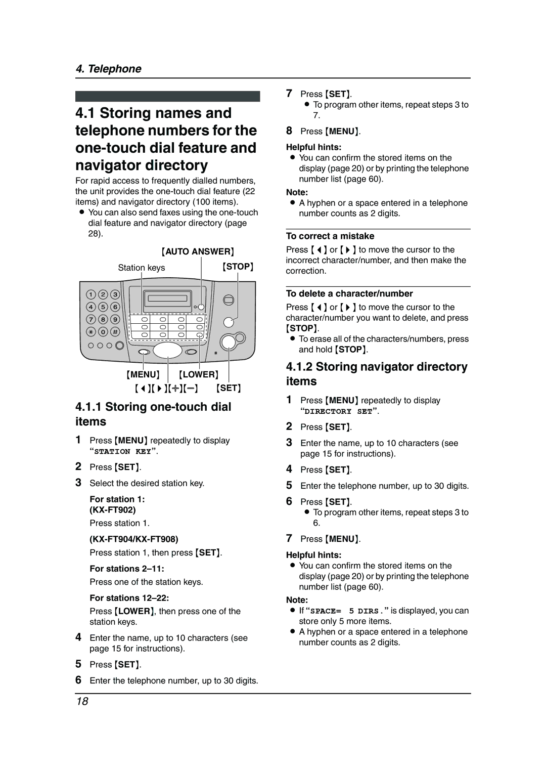 Panasonic KX-FT908HK, KX-FT904HK, kx-ft902 manual Storing one-touch dial, Storing navigator directory items, Items 