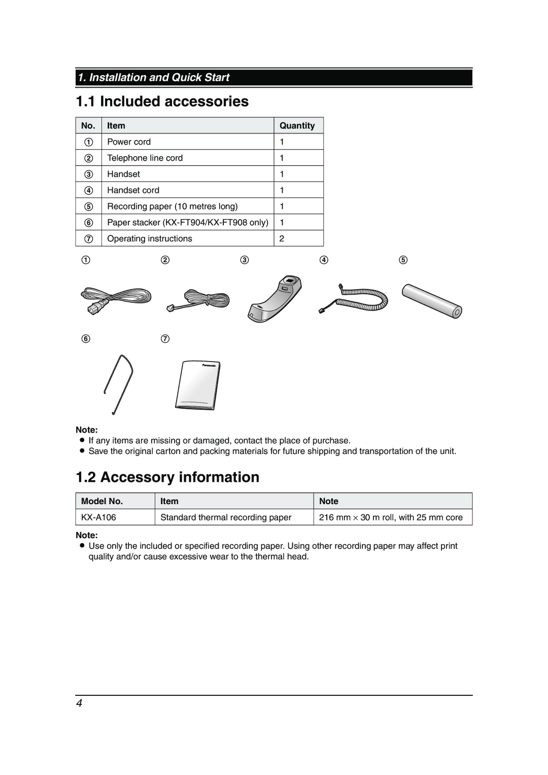 Panasonic KX-FT904HK, KX-FT908HK, kx-ft902 manual Included accessories, Accessory information, Quantity, Model No 