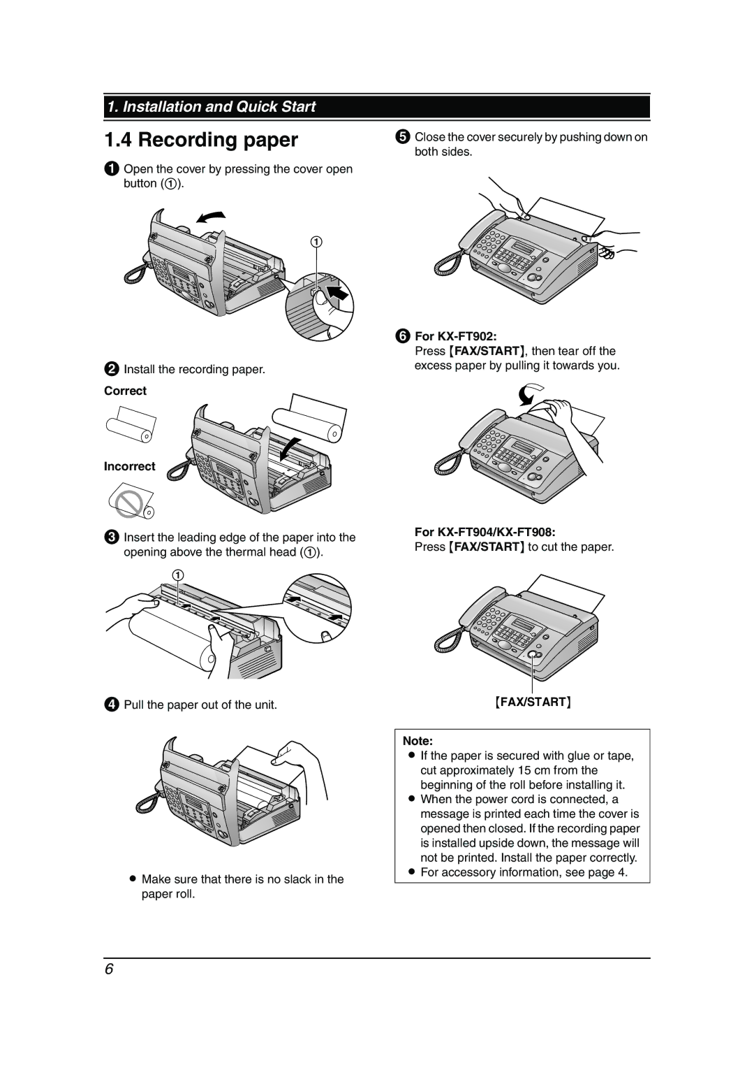 Panasonic KX-FT908HK, KX-FT904HK, kx-ft902 manual Recording paper, Correct Incorrect, For KX-FT902, For KX-FT904/KX-FT908 