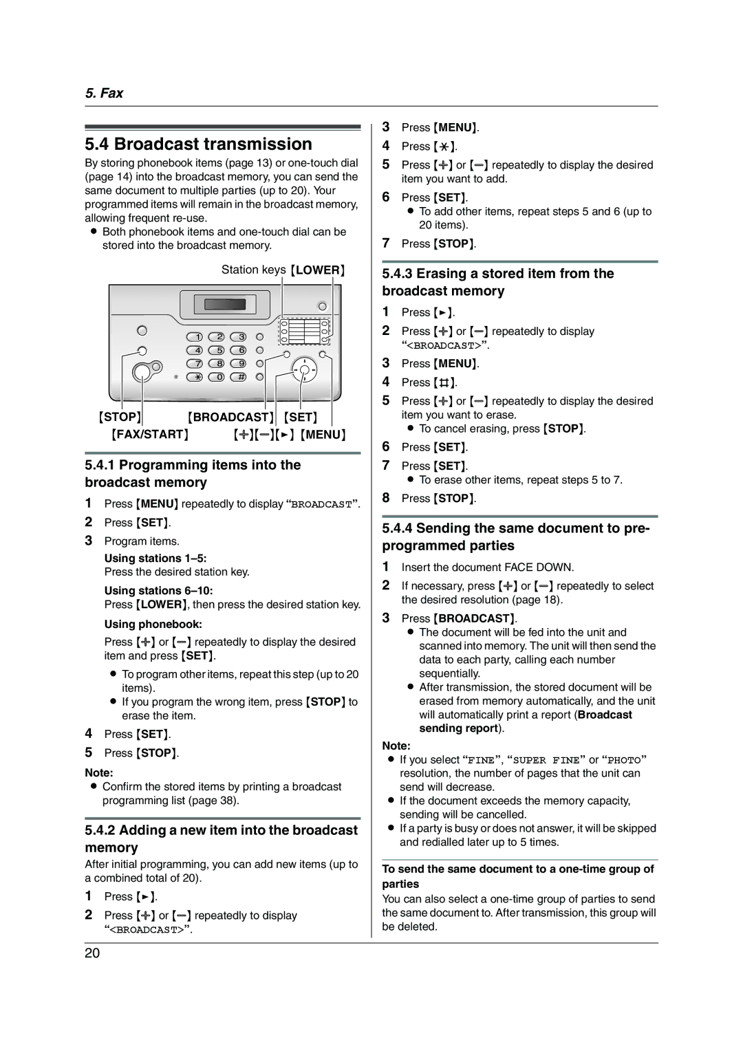 Panasonic KX-FT932HK, KX-FT934HK manual Broadcast transmission, Programming items into the broadcast memory 