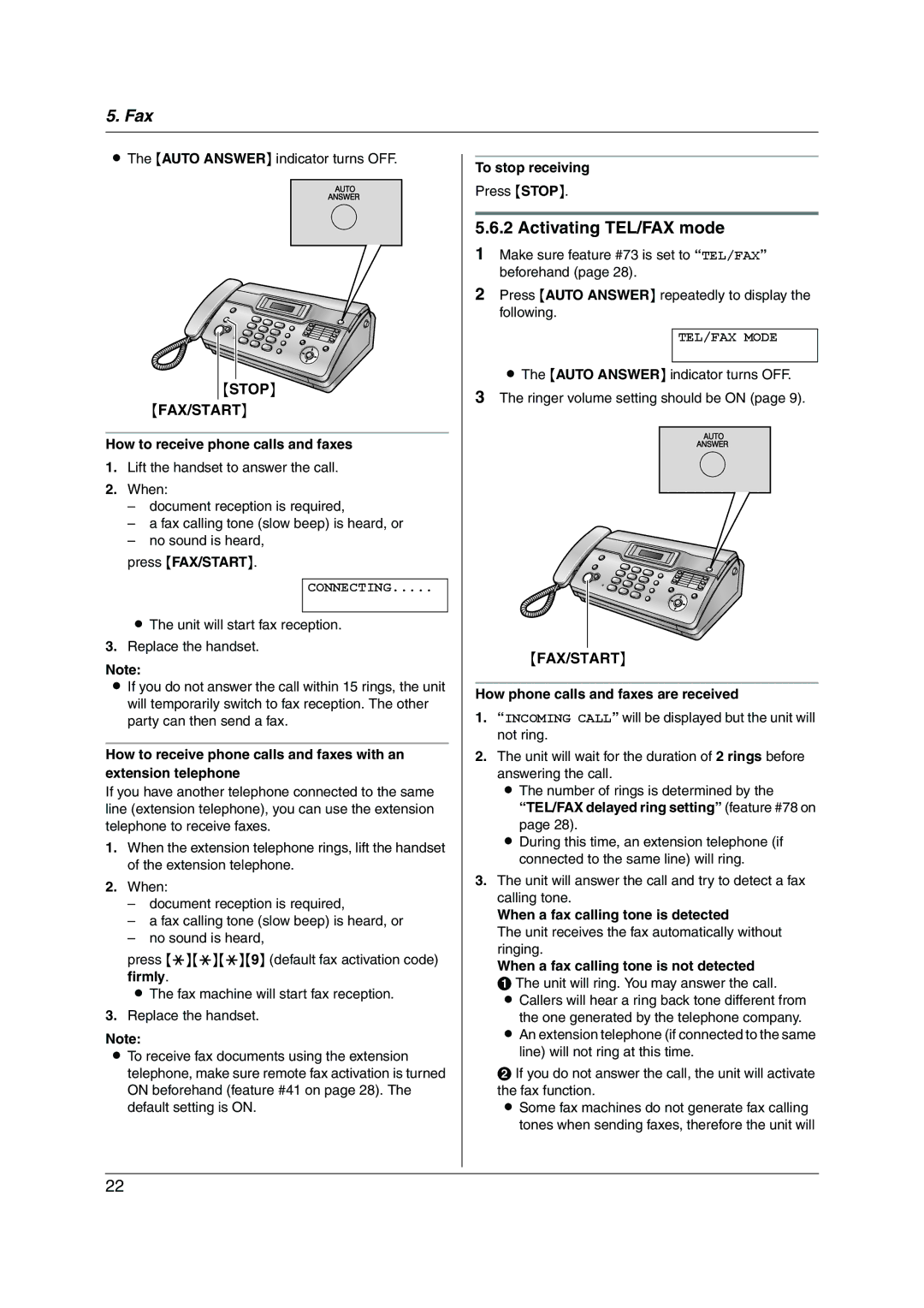 Panasonic KX-FT932HK, KX-FT934HK manual Activating TEL/FAX mode, Stop FAX/START, Connecting, TEL/FAX Mode 