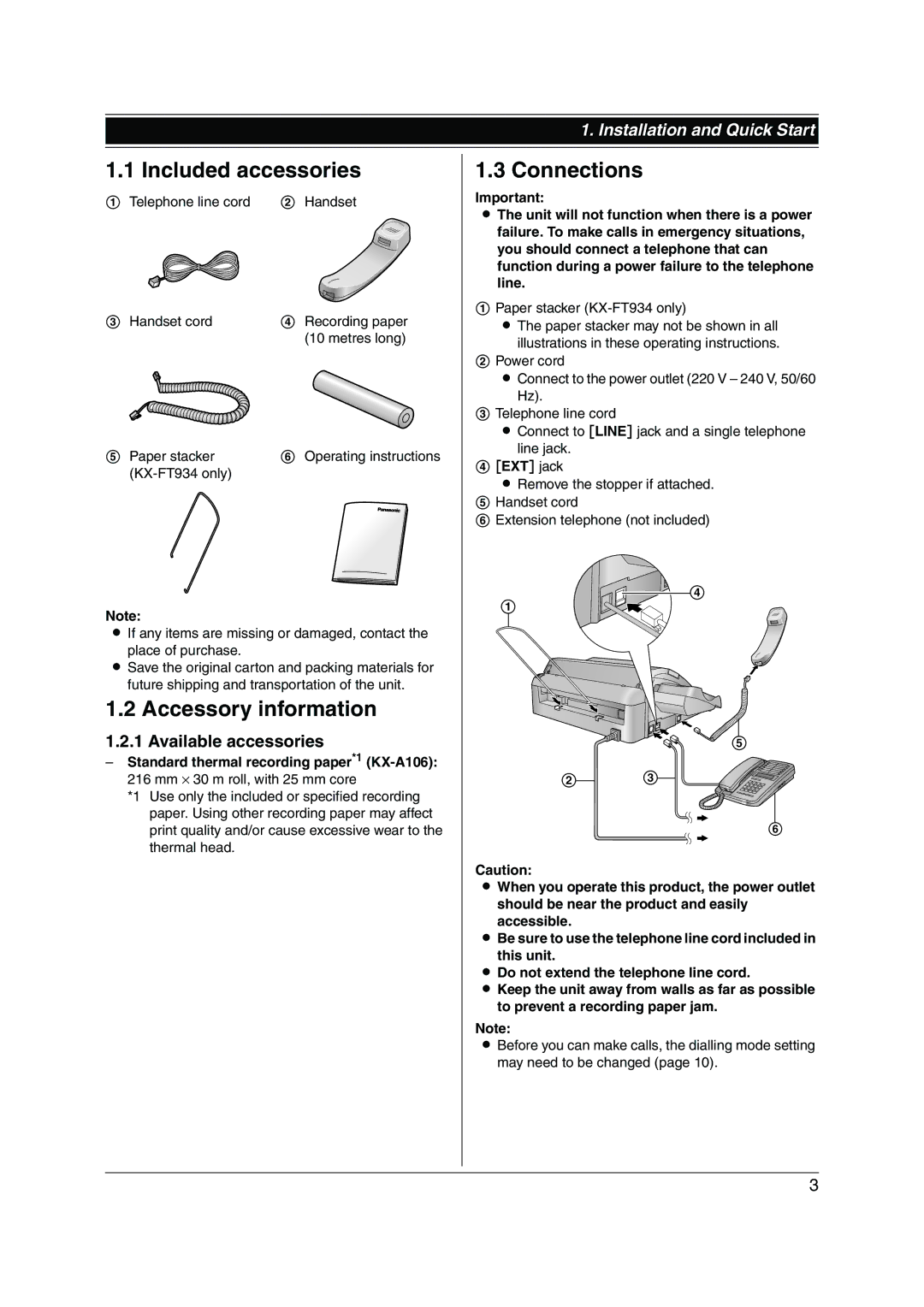 Panasonic KX-FT934HK, KX-FT932HK manual Included accessories, Accessory information, Connections, Available accessories 