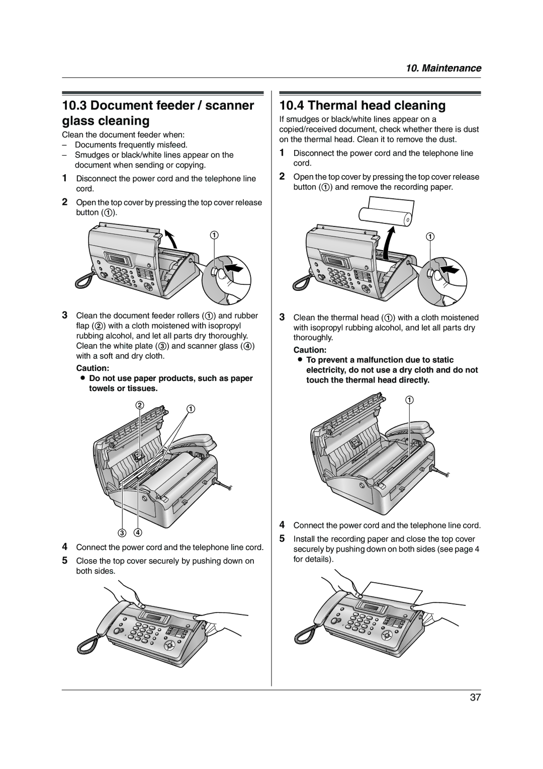 Panasonic KX-FT934HK Document feeder / scanner glass cleaning, Do not use paper products, such as paper towels or tissues 