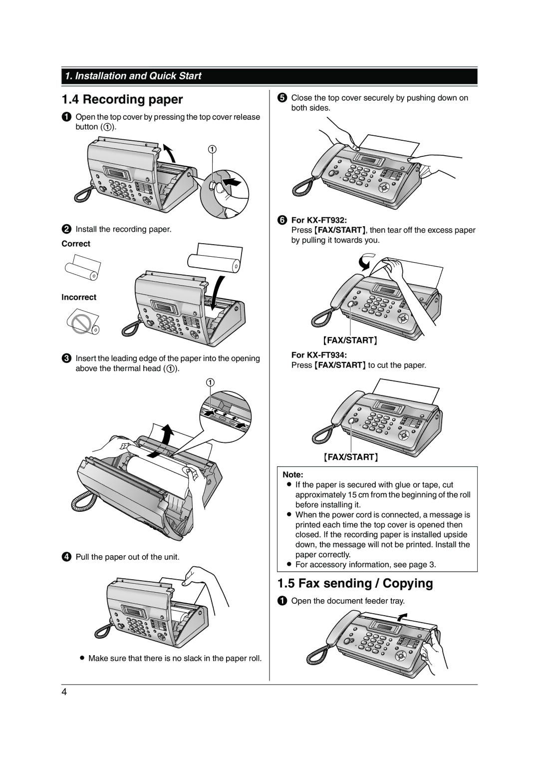 Panasonic KX-FT932HK, KX-FT934HK manual Recording paper, Fax sending / Copying, Fax/Start 