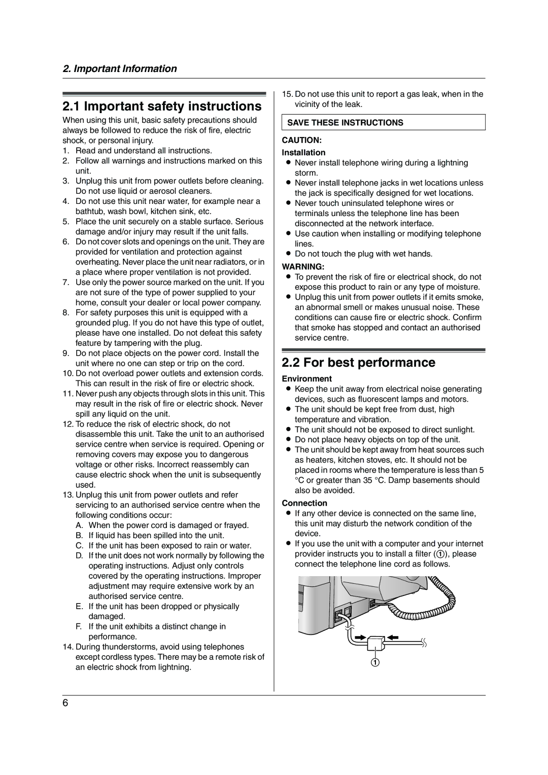 Panasonic KX-FT932HK manual Important safety instructions, For best performance, Installation, Environment, Connection 