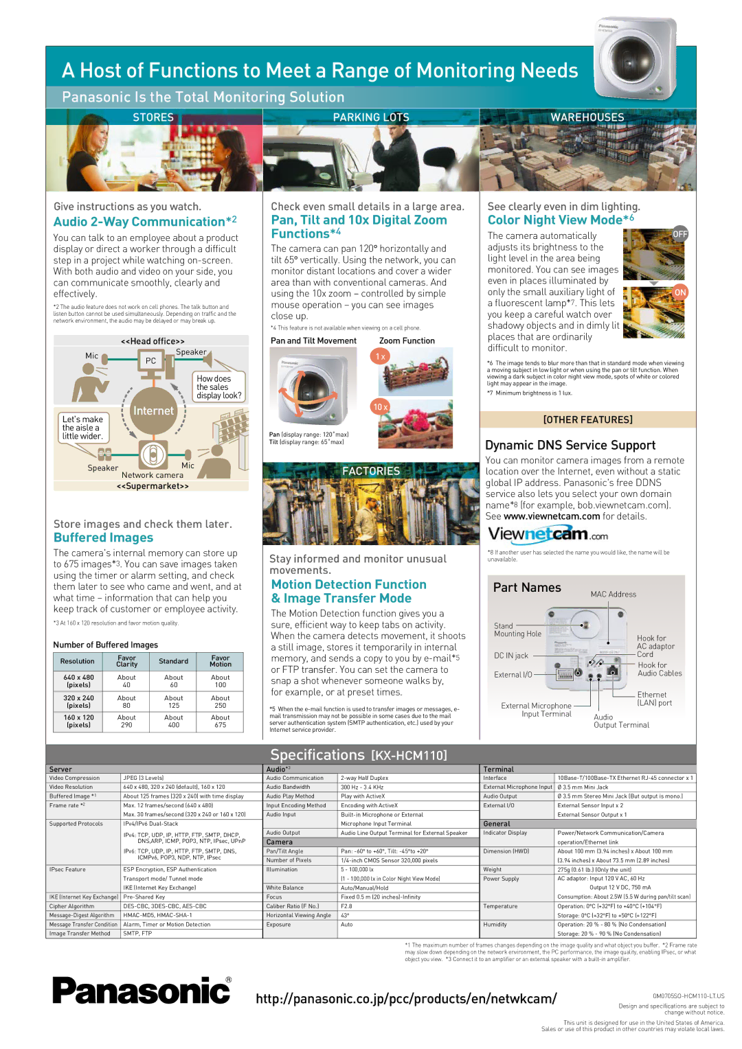 Panasonic KX-HCM110 Audio 2-Way Communication*2, Buffered Images, Pan, Tilt and 10x Digital Zoom Functions*4, Part Names 