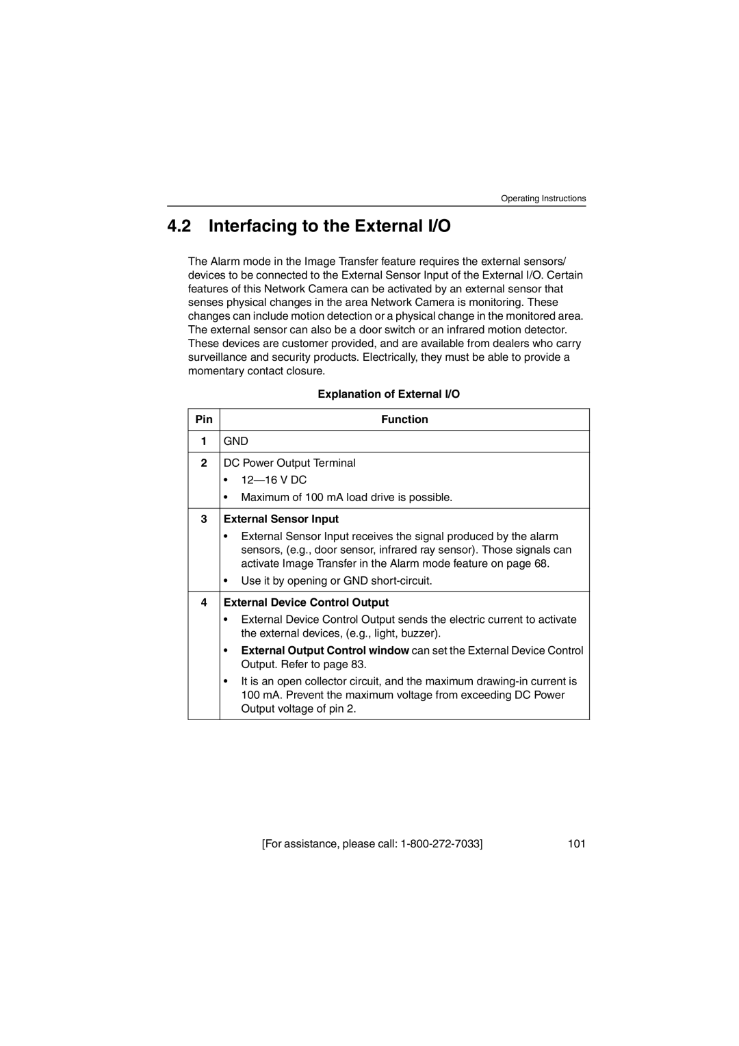 Panasonic KX-HCM230 Interfacing to the External I/O, Explanation of External I/O, Pin Function, External Sensor Input 