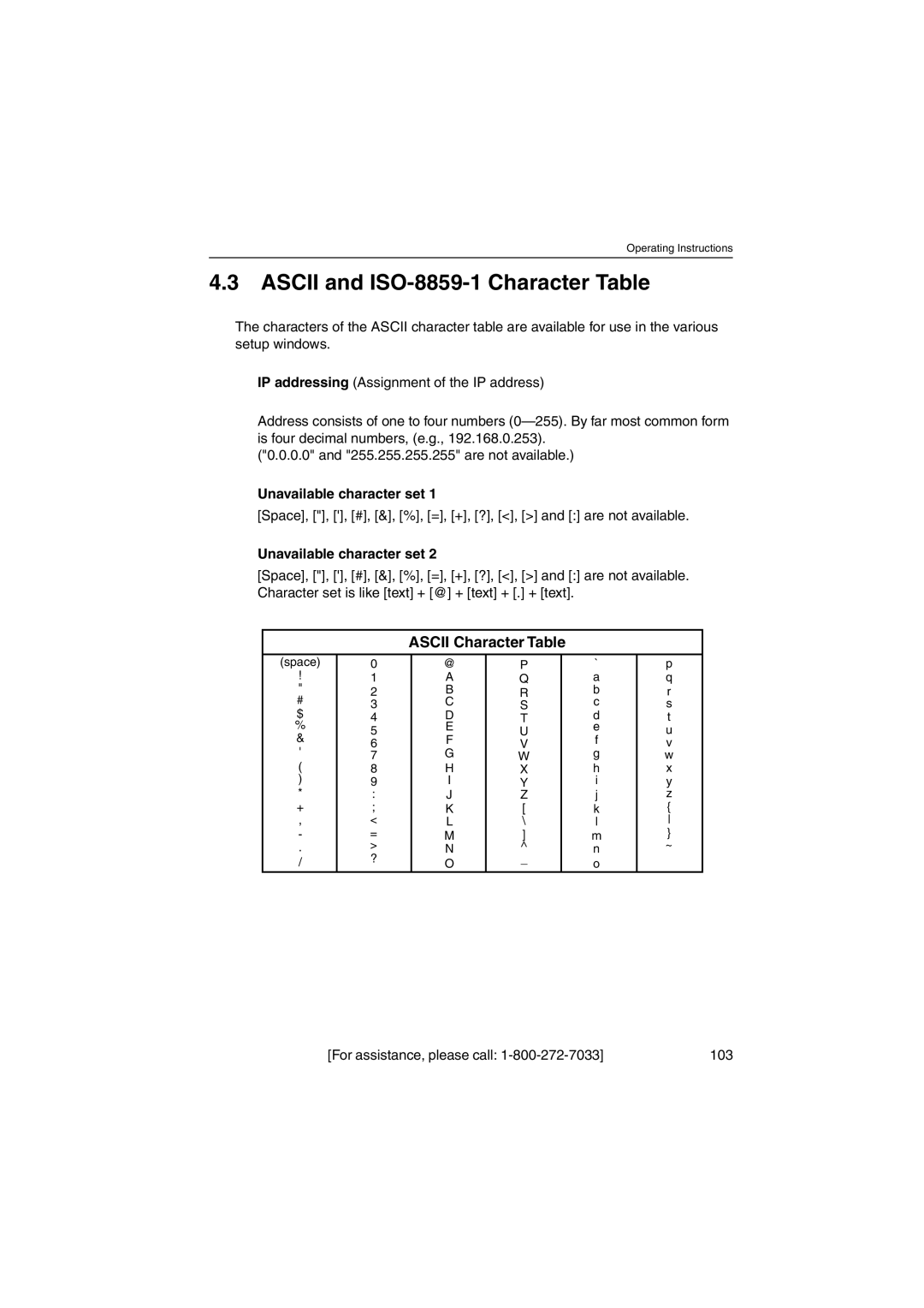 Panasonic KX-HCM230 Ascii and ISO-8859-1 Character Table, Unavailable character set, For assistance, please call 103 