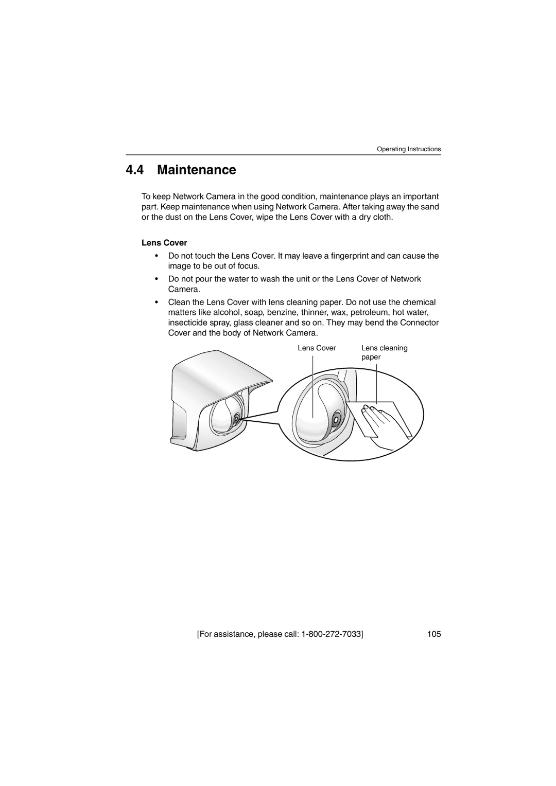 Panasonic KX-HCM230 operating instructions Maintenance, Lens Cover, For assistance, please call 105 