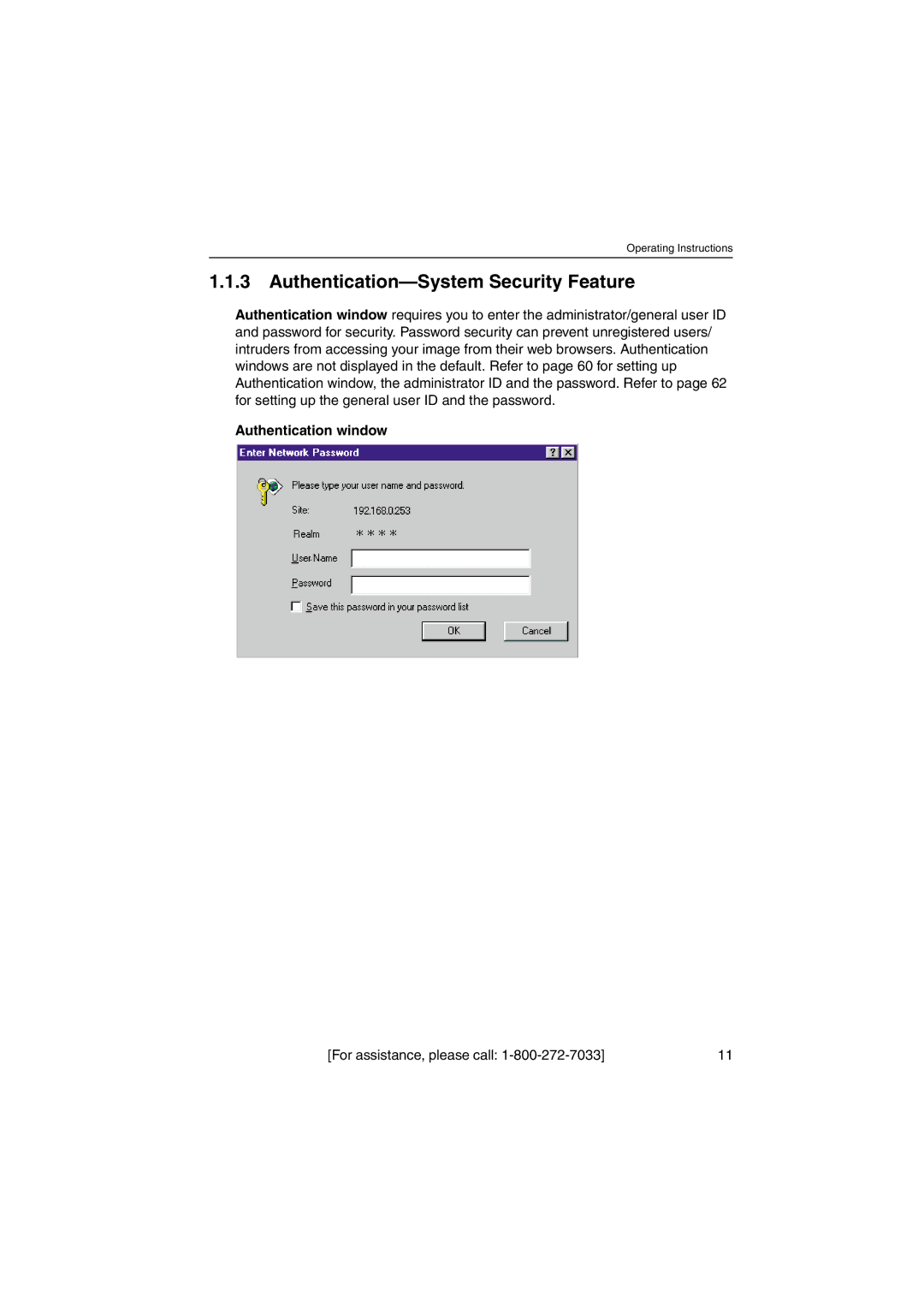 Panasonic KX-HCM230 operating instructions Authentication-System Security Feature, Authentication window 