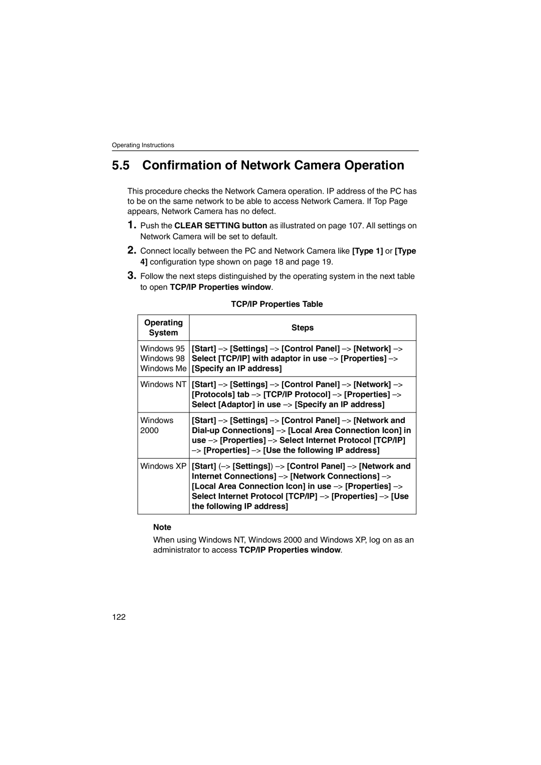 Panasonic KX-HCM230 operating instructions Confirmation of Network Camera Operation, TCP/IP Properties Table 