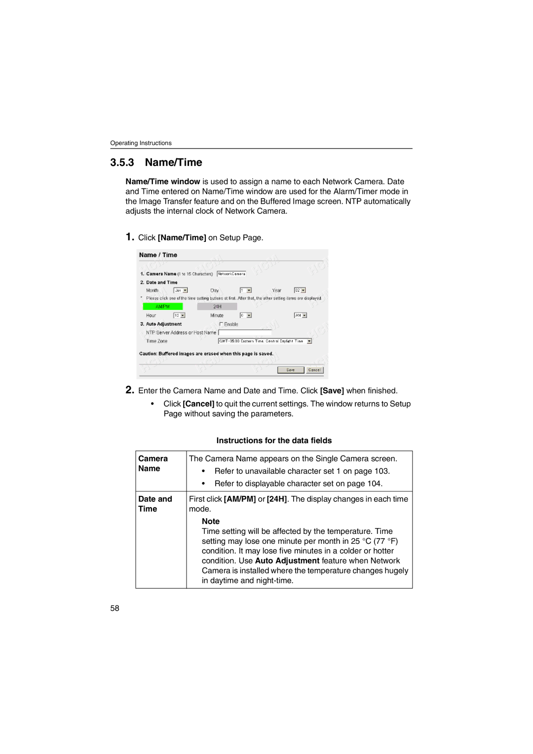 Panasonic KX-HCM230 operating instructions Name/Time, Camera, Date 