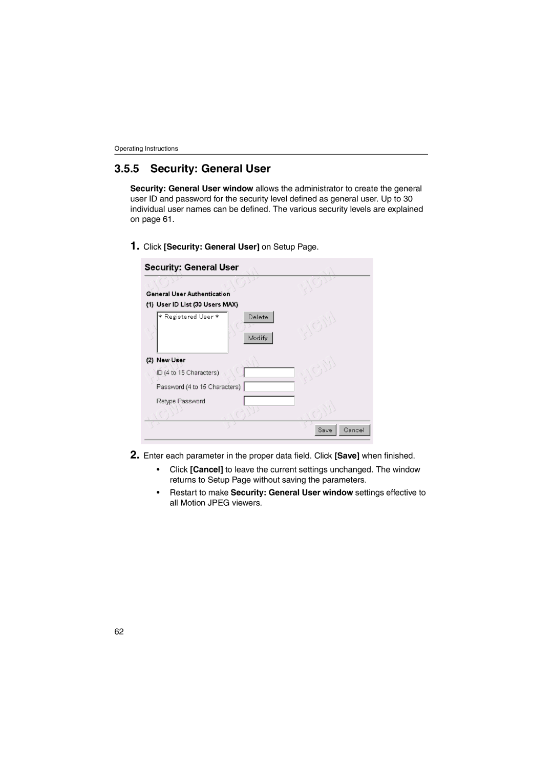 Panasonic KX-HCM230 operating instructions Click Security General User on Setup 