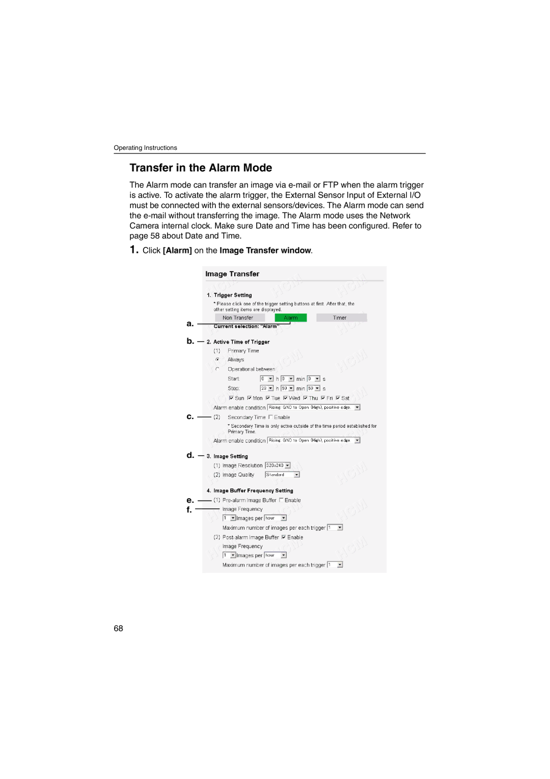 Panasonic KX-HCM230 operating instructions Transfer in the Alarm Mode, Click Alarm on the Image Transfer window 