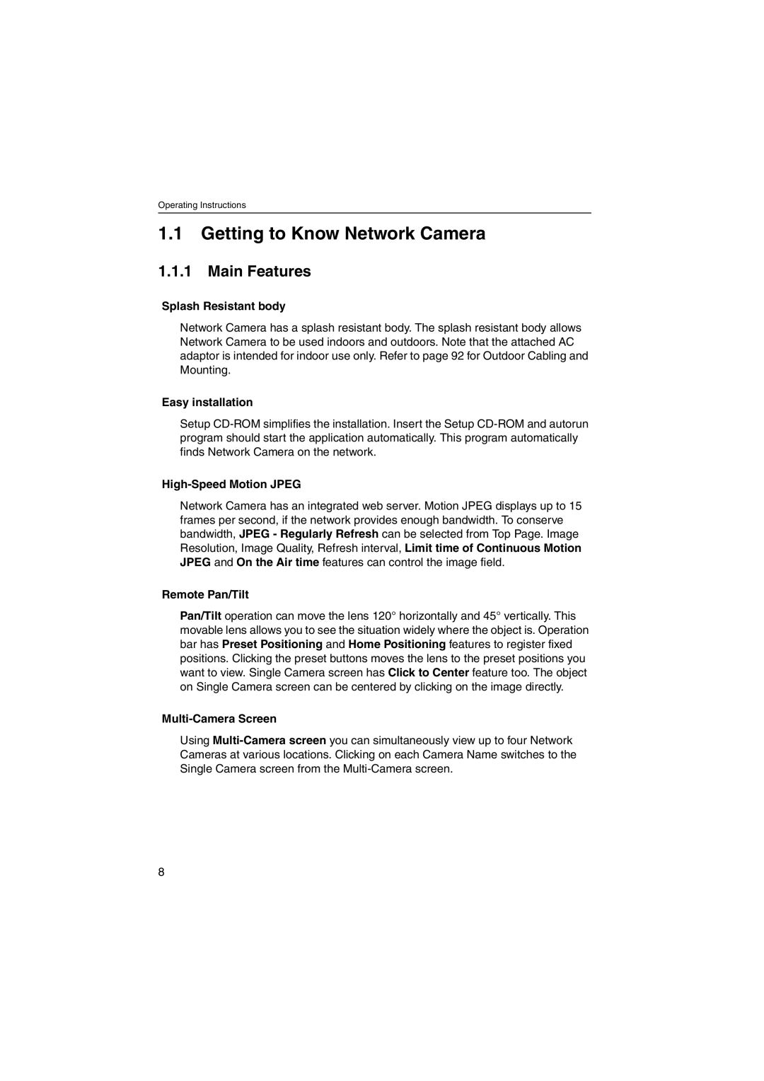 Panasonic KX-HCM230 operating instructions Getting to Know Network Camera, Main Features 