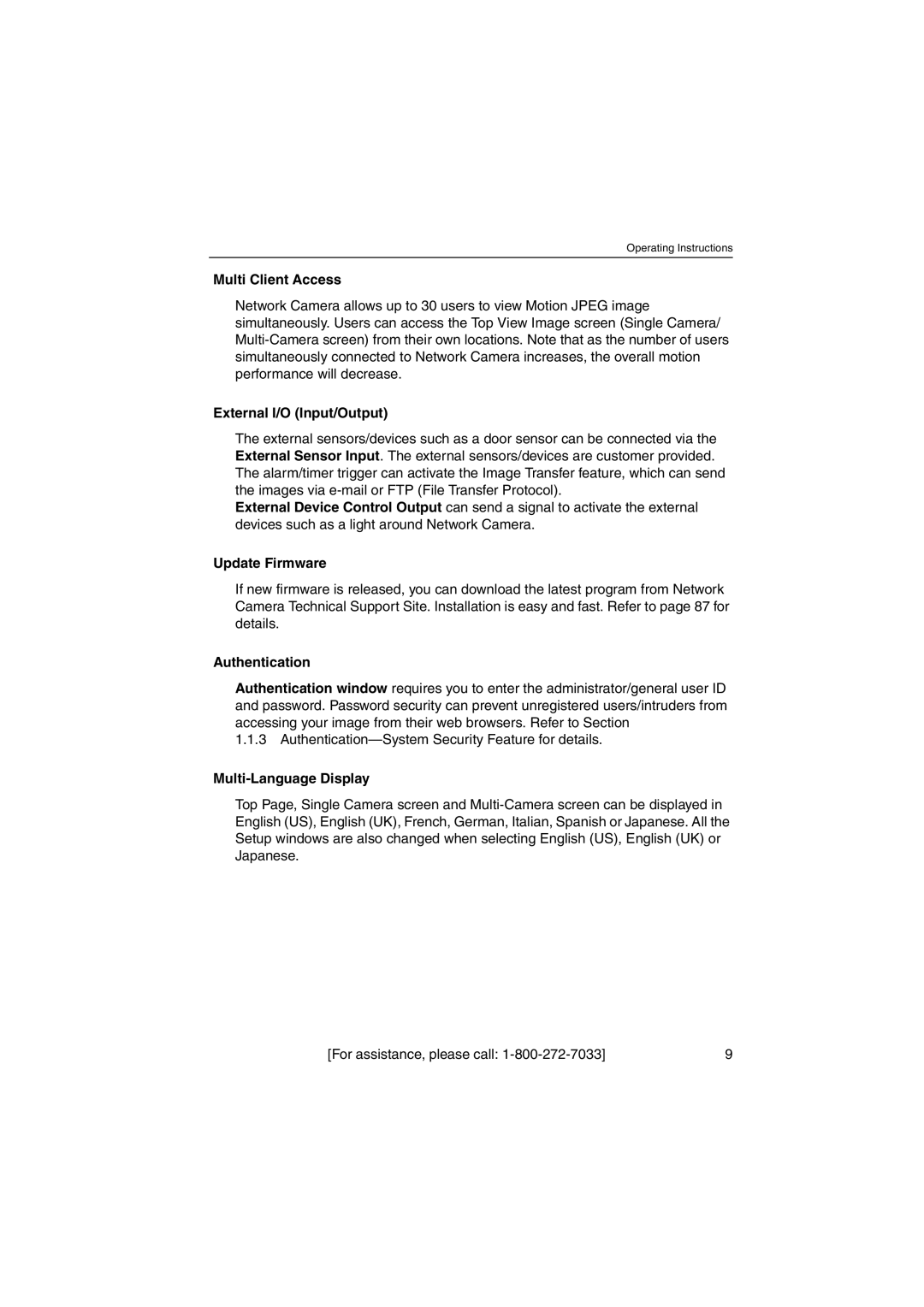 Panasonic KX-HCM230 operating instructions Multi Client Access, External I/O Input/Output, Update Firmware, Authentication 